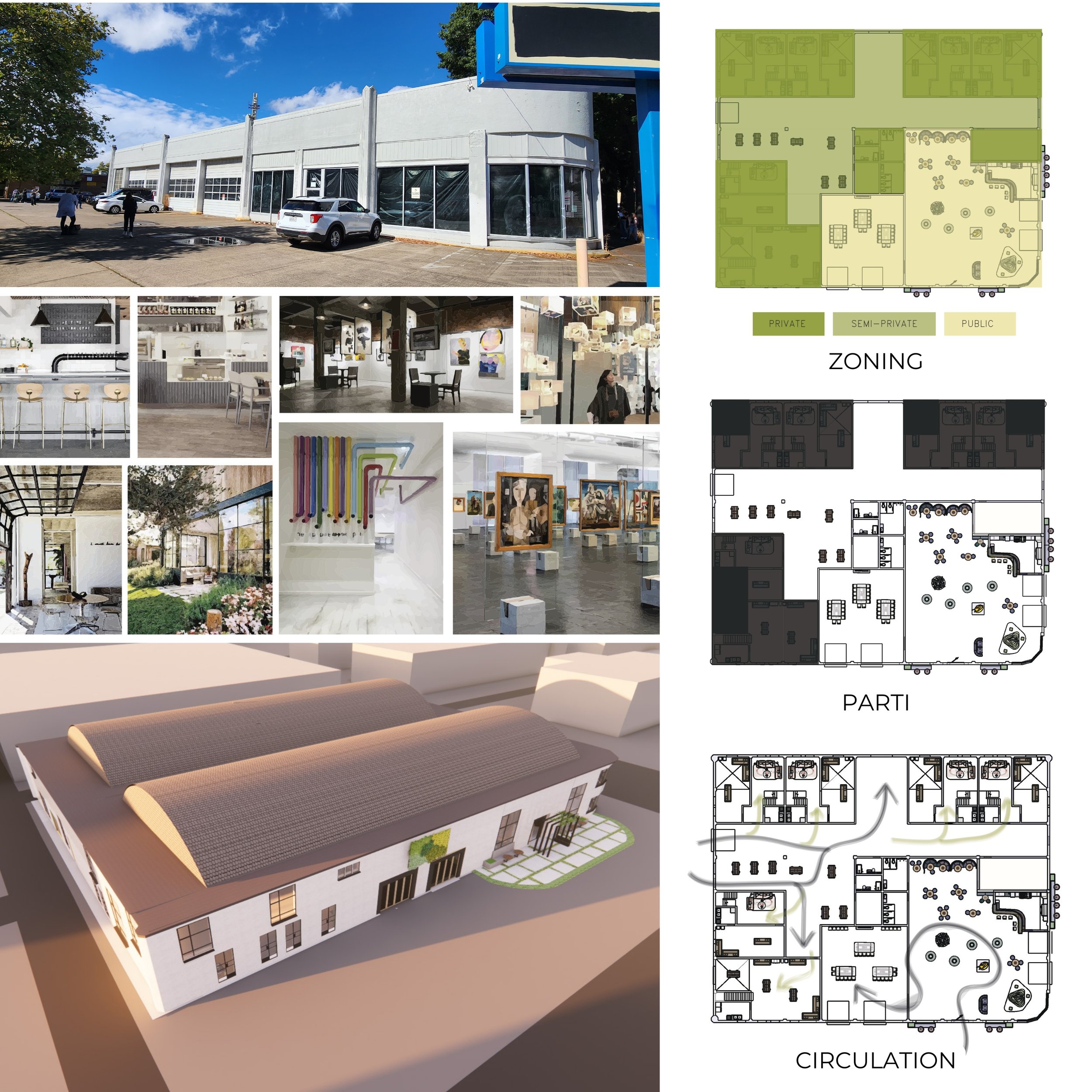 DESIGN PROPOSAL - EXISTING EXTERIOR PHOTO, INSPIRATION, BIRDS-EYE EXTERIOR RENDERING, & INTERIOR FRAMEWORK DIAGRAMS