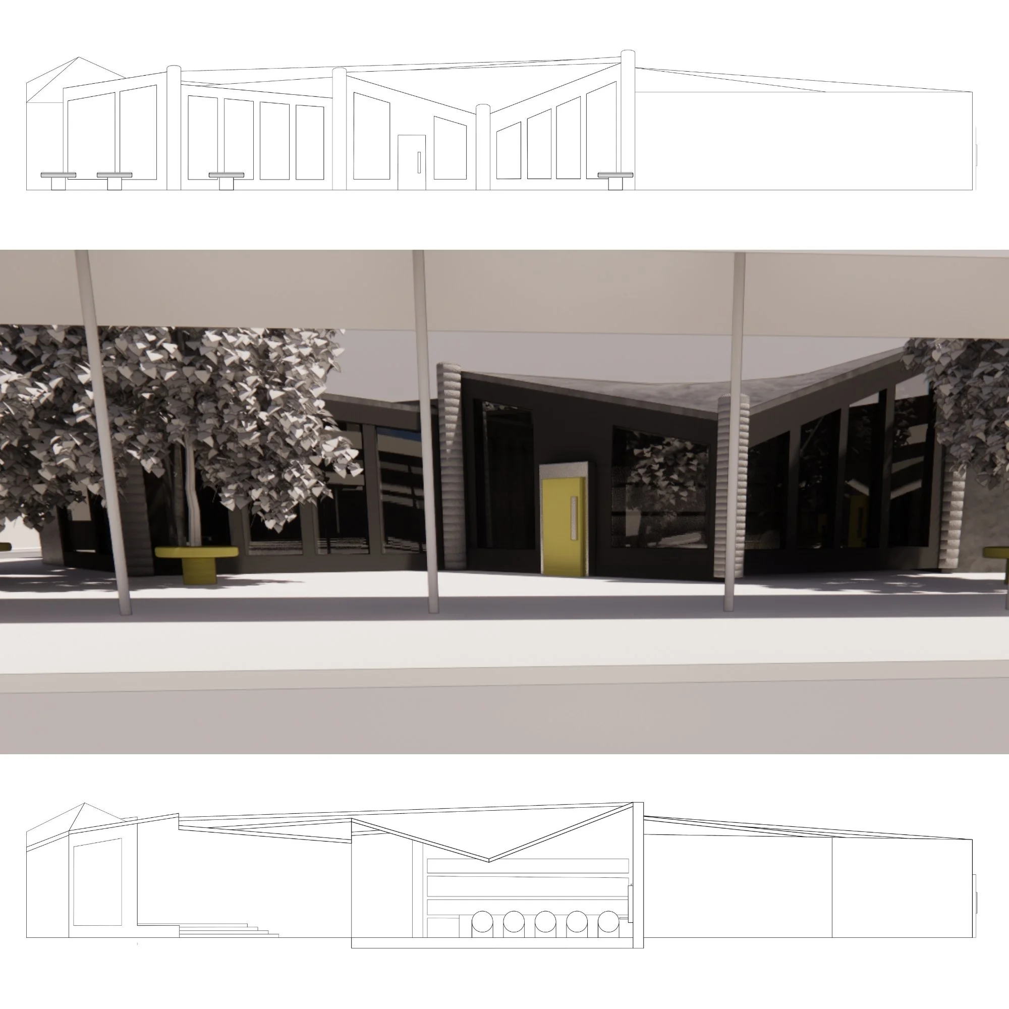 DESIGN PROPOSAL - ELEVATION, EXTERIOR ENTRY ENSCAPE RENDERING, + LONGITUDINAL SECTION