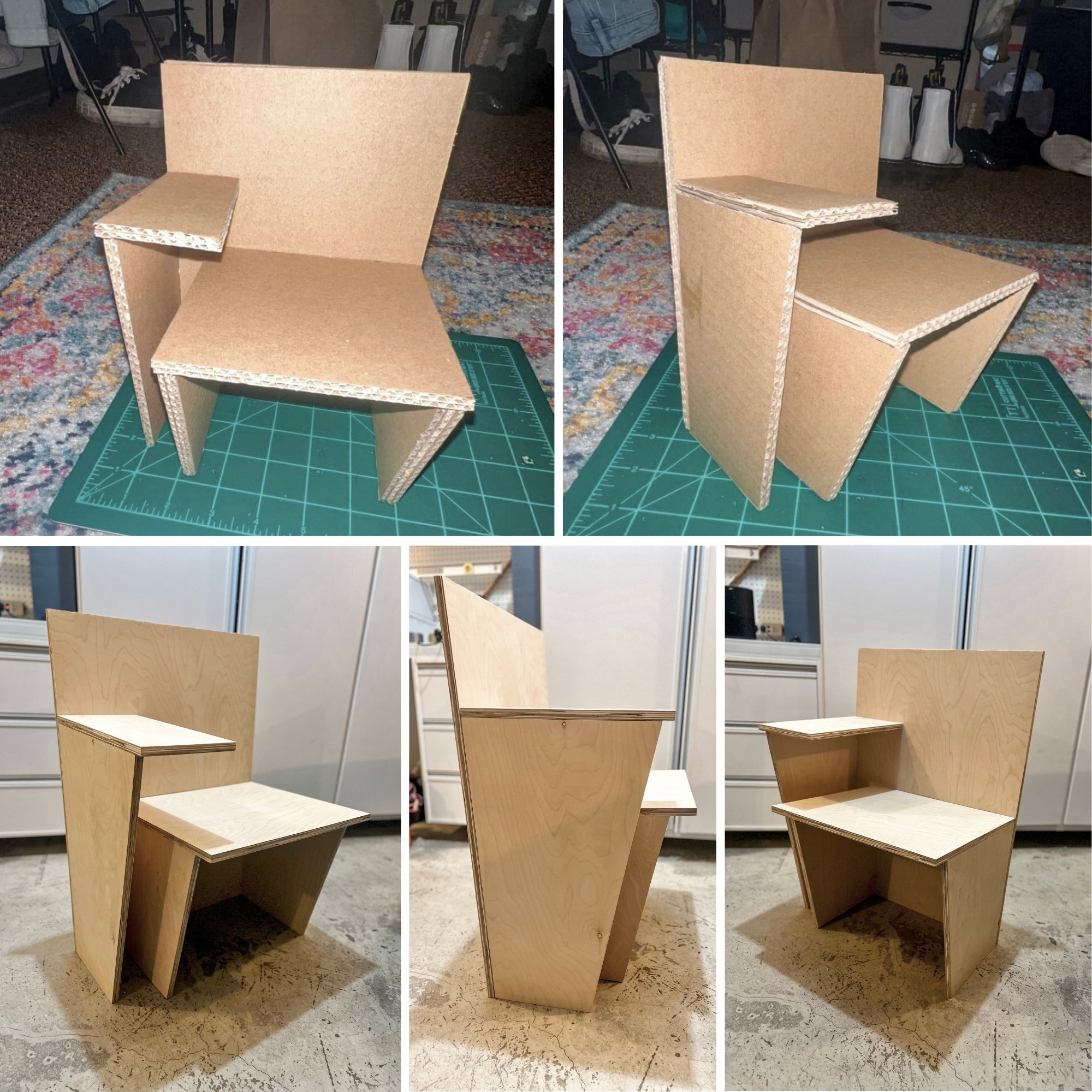 BUILD PROGRESSION - CARDBOARD INSPIRATION MODELS & (PRE-FINISHES) BUILT AI-INSPIRED CHAIR