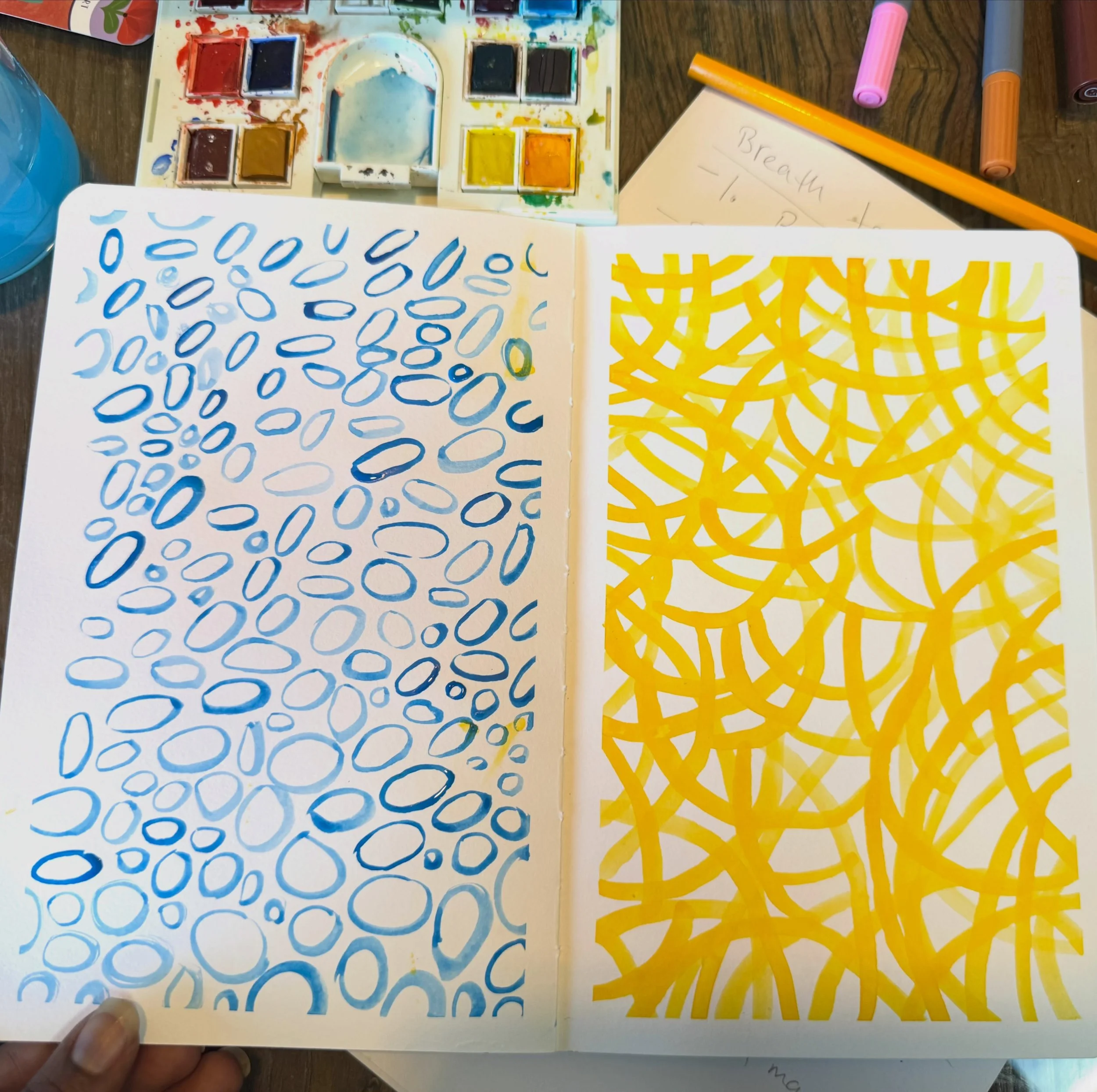 Breathing through art and feeling zen. A summer afternoon of simple, mindful mark-making involving  breathwork.