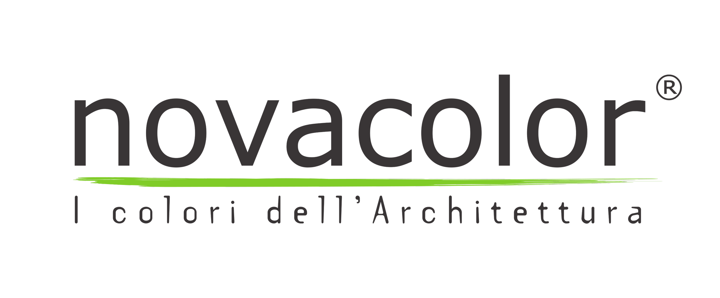 Logo with the word 'Novacolor' and the tagline 'I colori dell'Architettura' beneath it, featuring a black background, gray text, and a green underline.