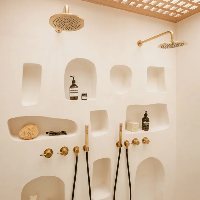 Microcement shower NZ with microcement niche