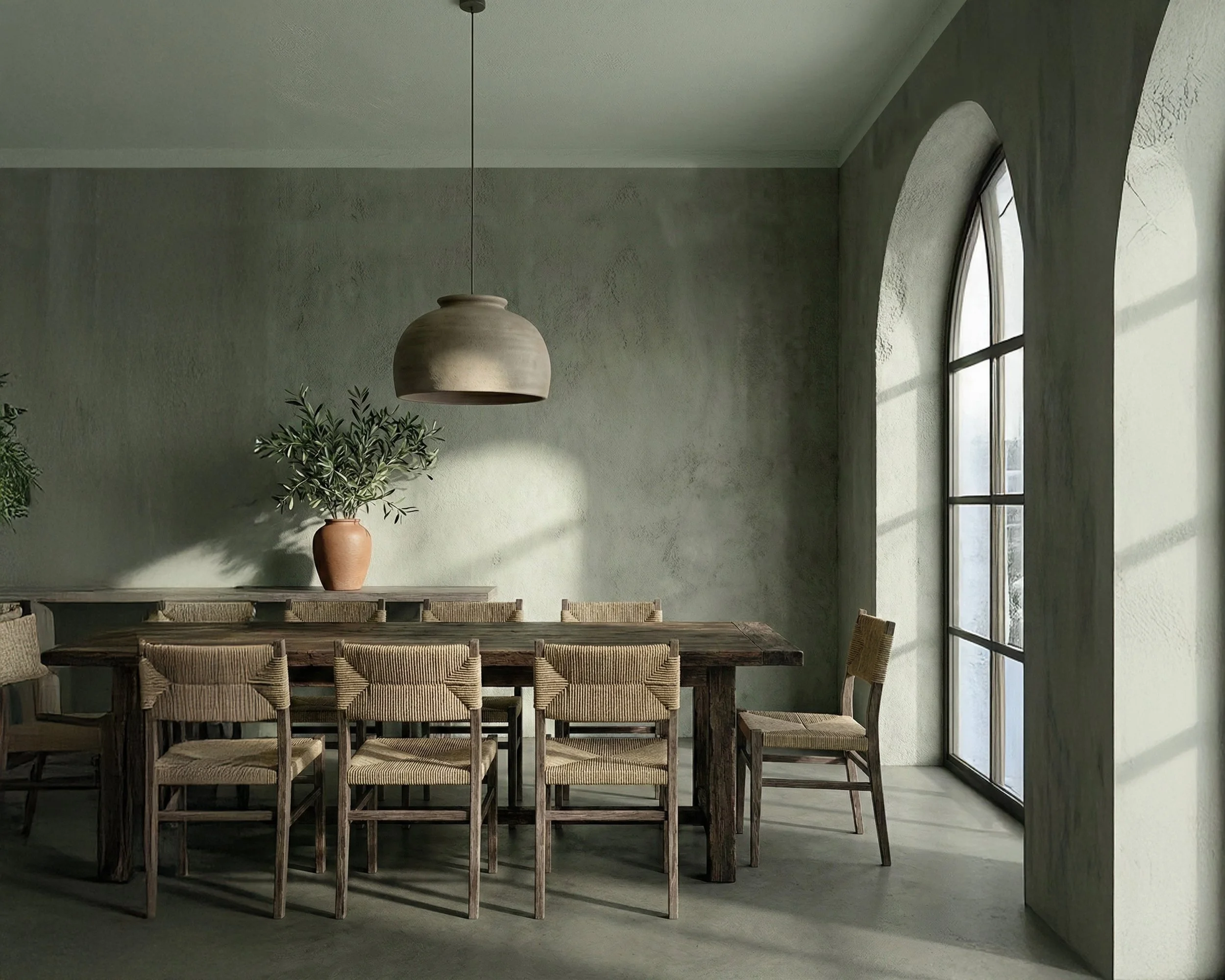 Minimalist dining room, microcement backdrop, with a large wooden table, eight woven chairs, a potted plant on a side table, a modern pendant light, and large arched window with sunlight streaming in.