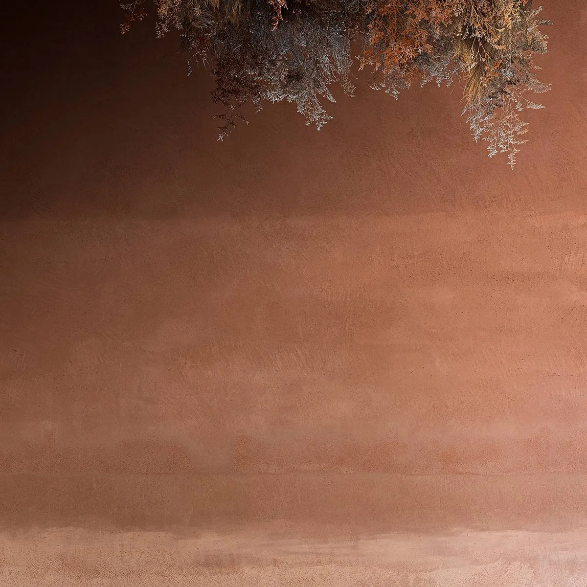 Upside-down view of a desert landscape with reddish sand and a cluster of dry bushes at the top.