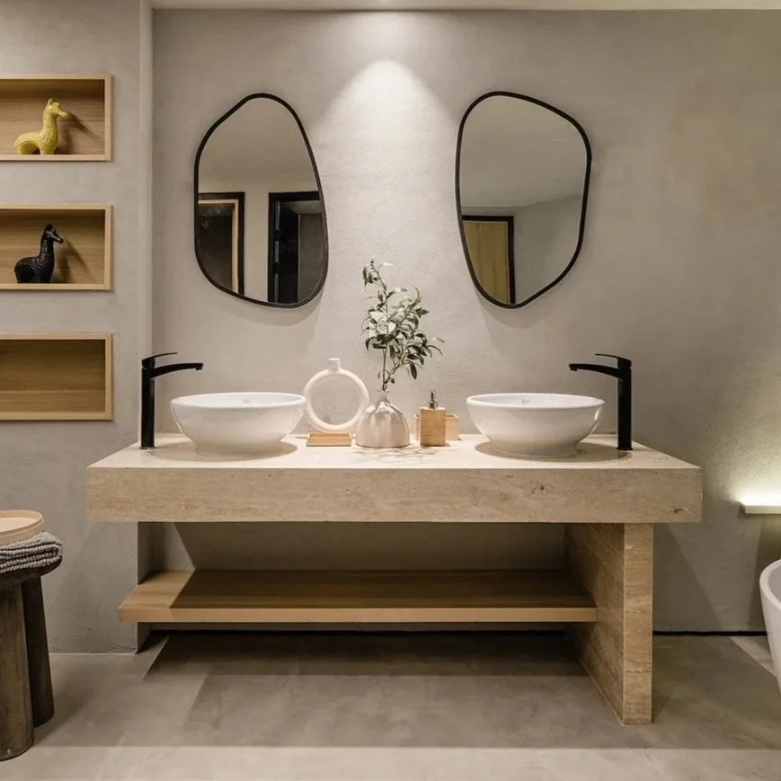 Seamless Cemher microcement bathroom walls and double vanity in New Zealand home
