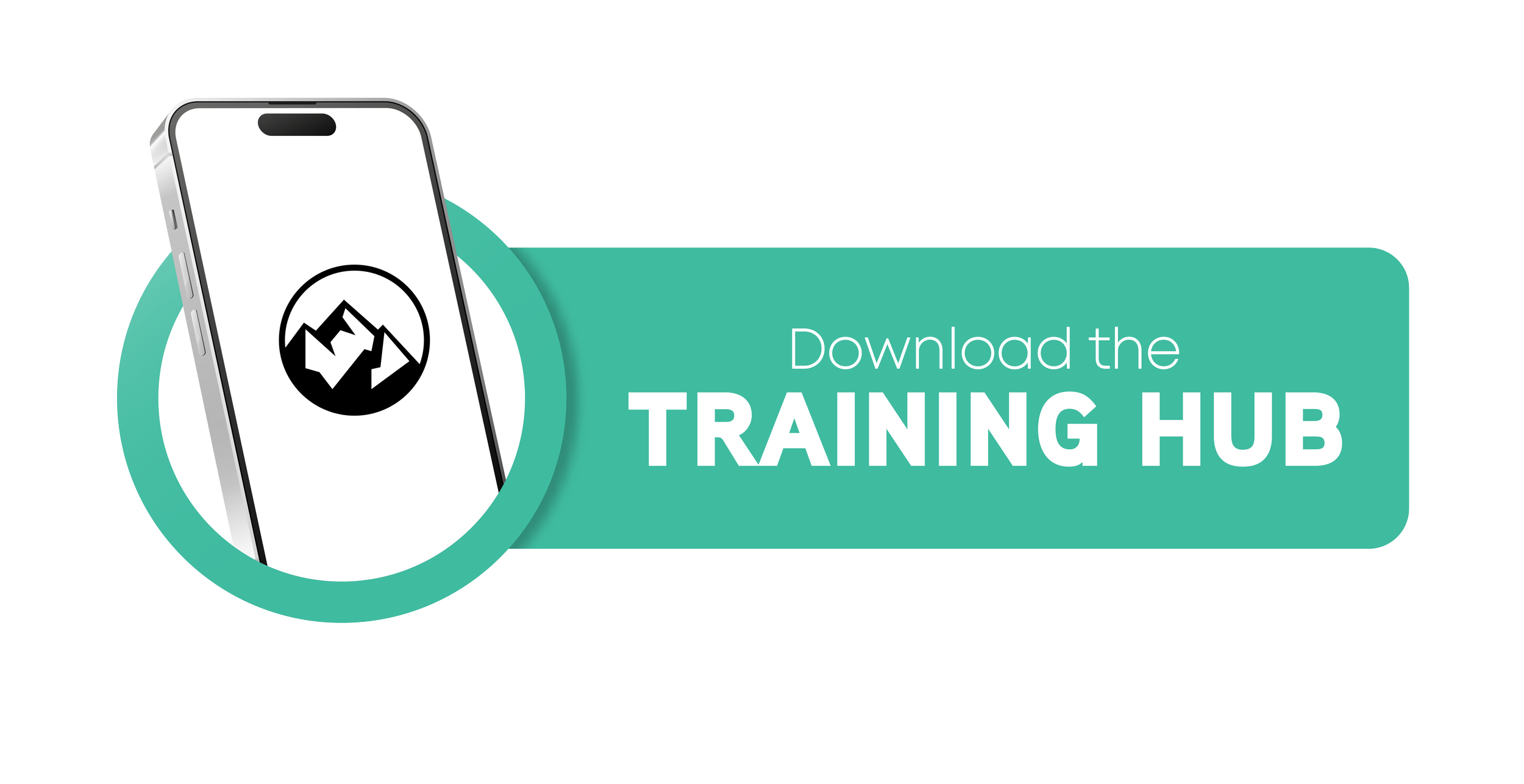 Graphic of a smartphone with a mountain logo next to a teal rectangle with white text that reads 'Download the Training Hub'.