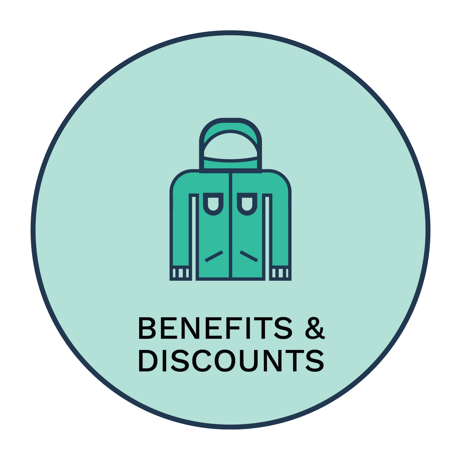 Circle icon with a green jacket and the text "Benefits & Discounts" below.