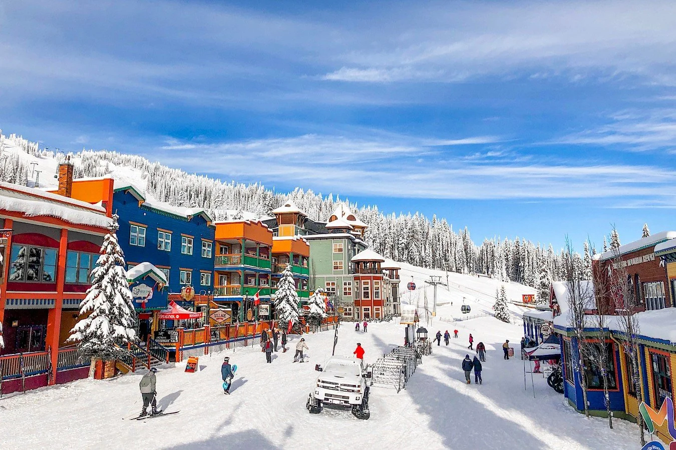 Snow-covered buildings in SilverStar mountain village, British Columbia