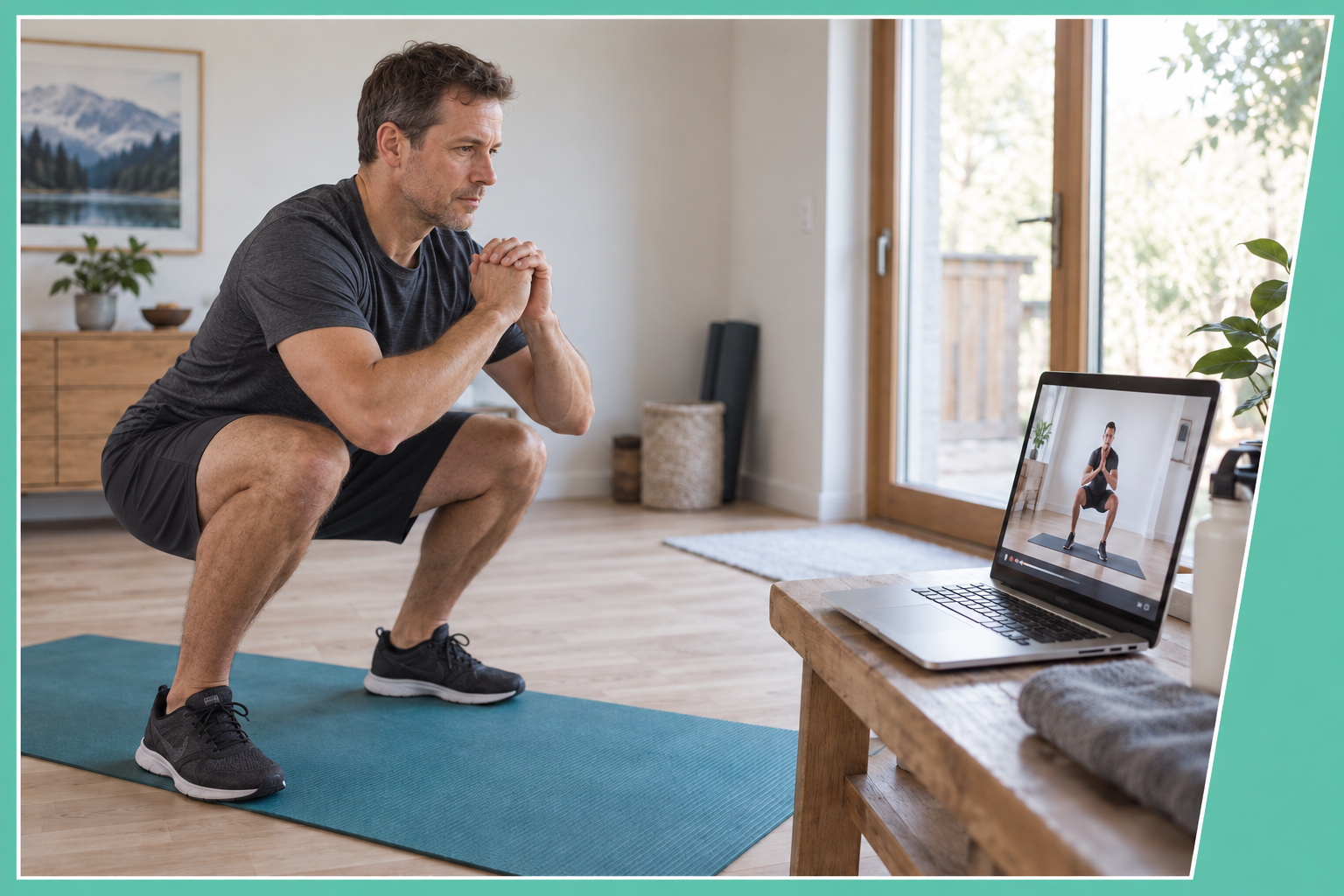 Illustration of a man following an online workout on a laptop at home
