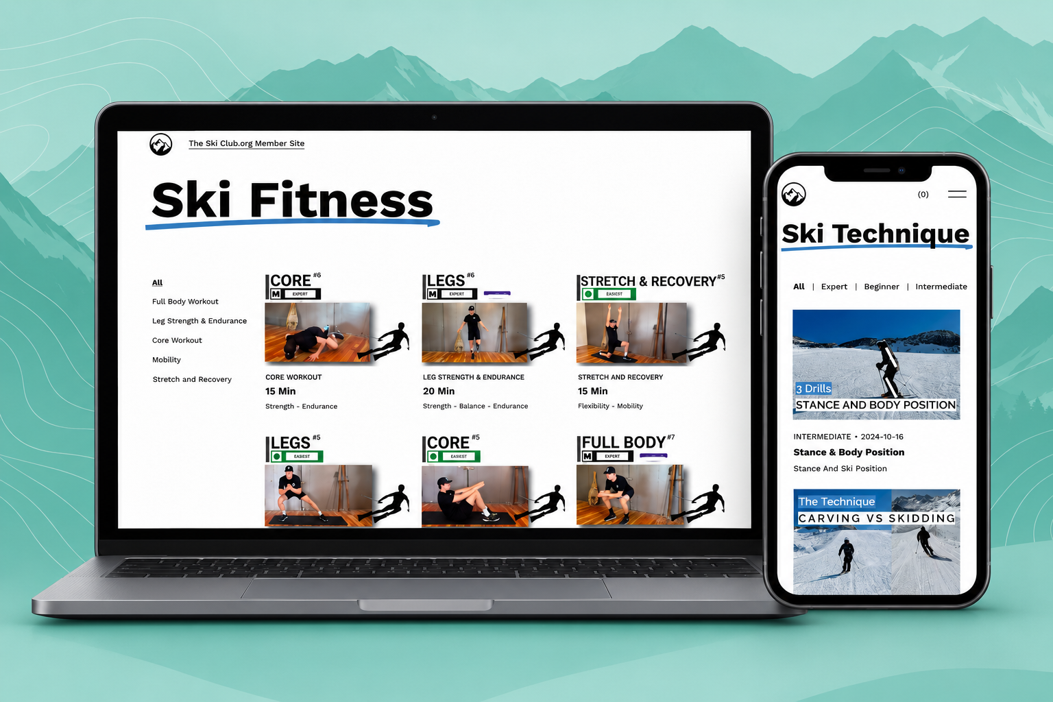 Preview of ski fitness workouts on a laptop and ski technique tutorials on a phone