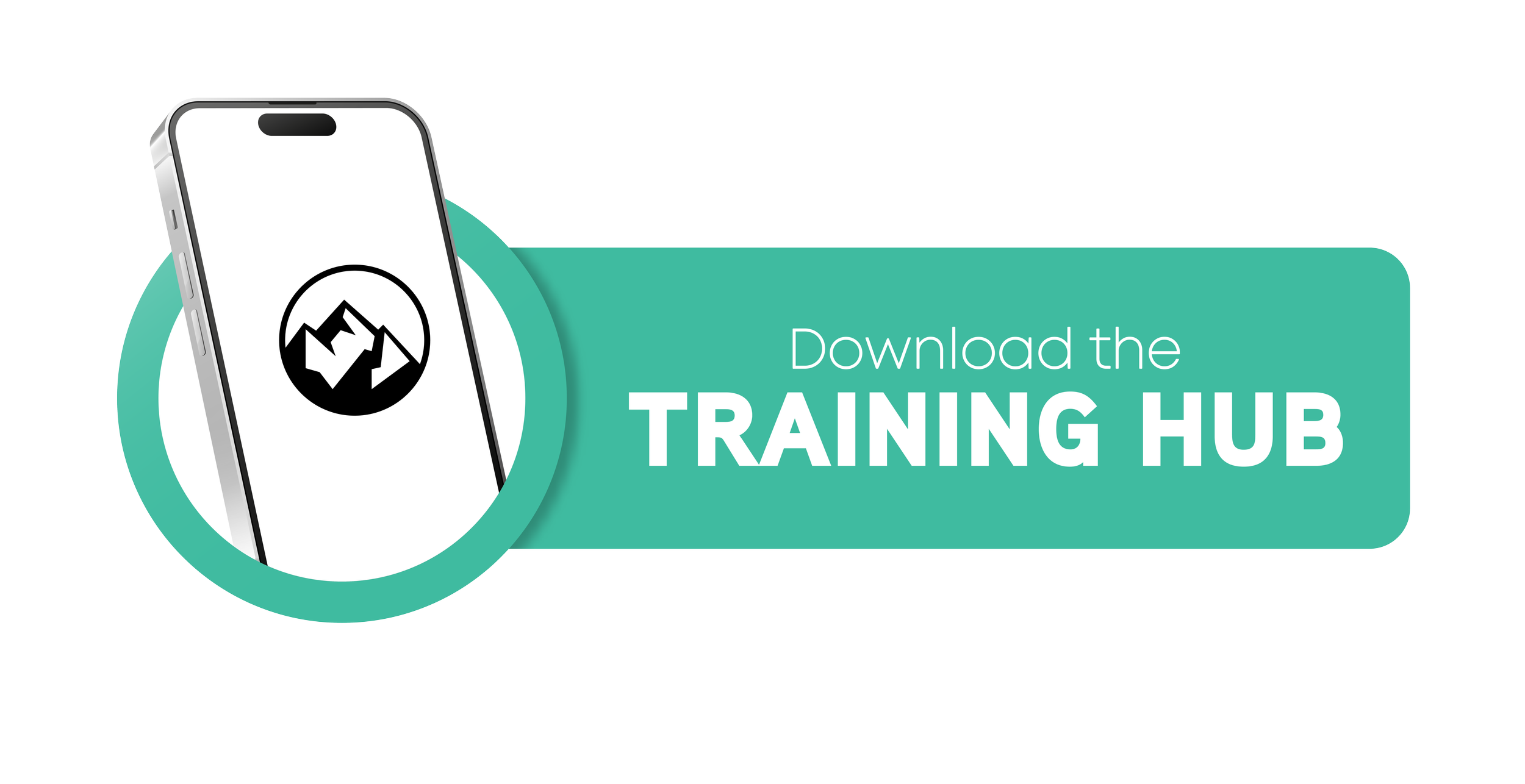 Graphic promoting the Download Training Hub with an illustration of a smartphone displaying a mountain logo on its screen, and text on a teal background.