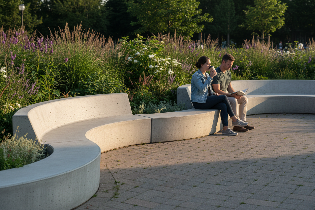 A woman and a man sitting on a curved concrete bench in a park, surrounded by lush greenery and flowering plants, with the woman drinking from a cup and the man reading a book during late afternoon or early evening.