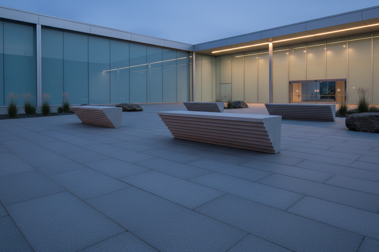 Modern building courtyard with large glass windows, illuminated by warm lighting, featuring concrete benches, rocks, and sparse plantings.