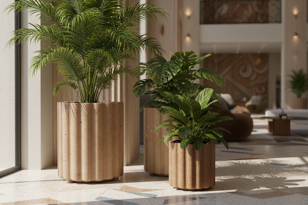 Three potted green plants with large leaves on a light-colored floor near a window in a modern interior.
