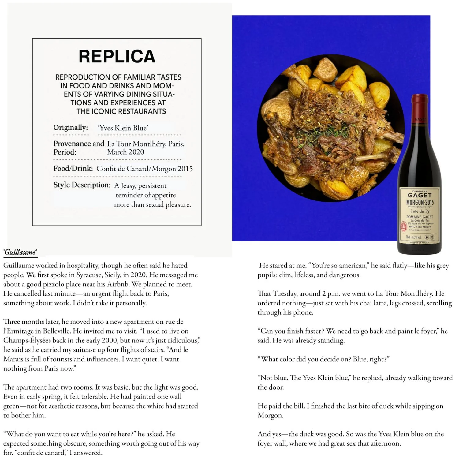 REPLICA — confit de canard and Morgon 2015 from La Tour Montlhéry, Paris, with the story of Guillaume