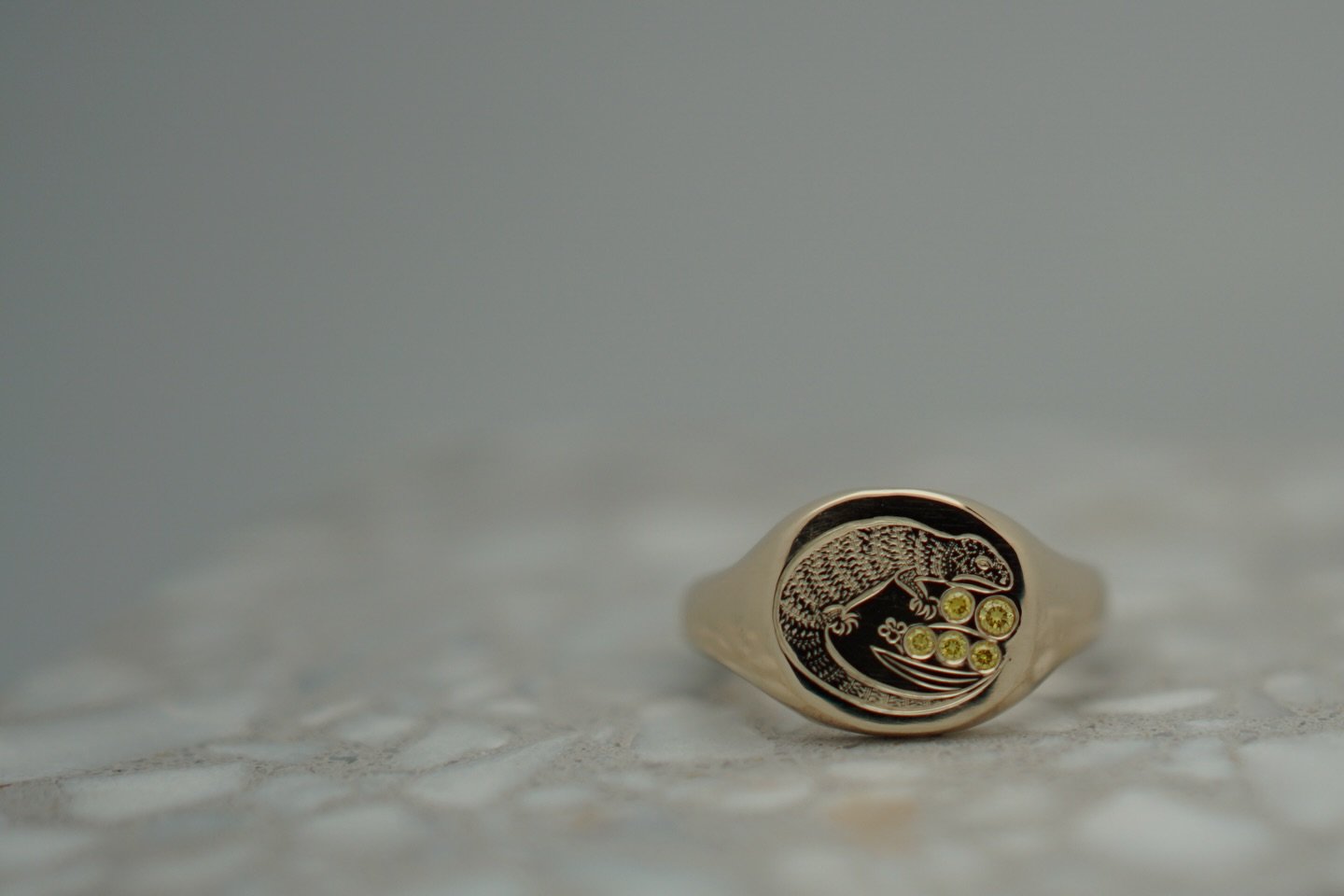 Lizard signet with yellow (lab) diamonds set by @makohinjewellery and one of most incredible engraving by Nick K. 

This ring was made from an old 14kt yellow gold bangle. I melted it down, rolled, shaped and filed, lots of hours in the jewellers gym