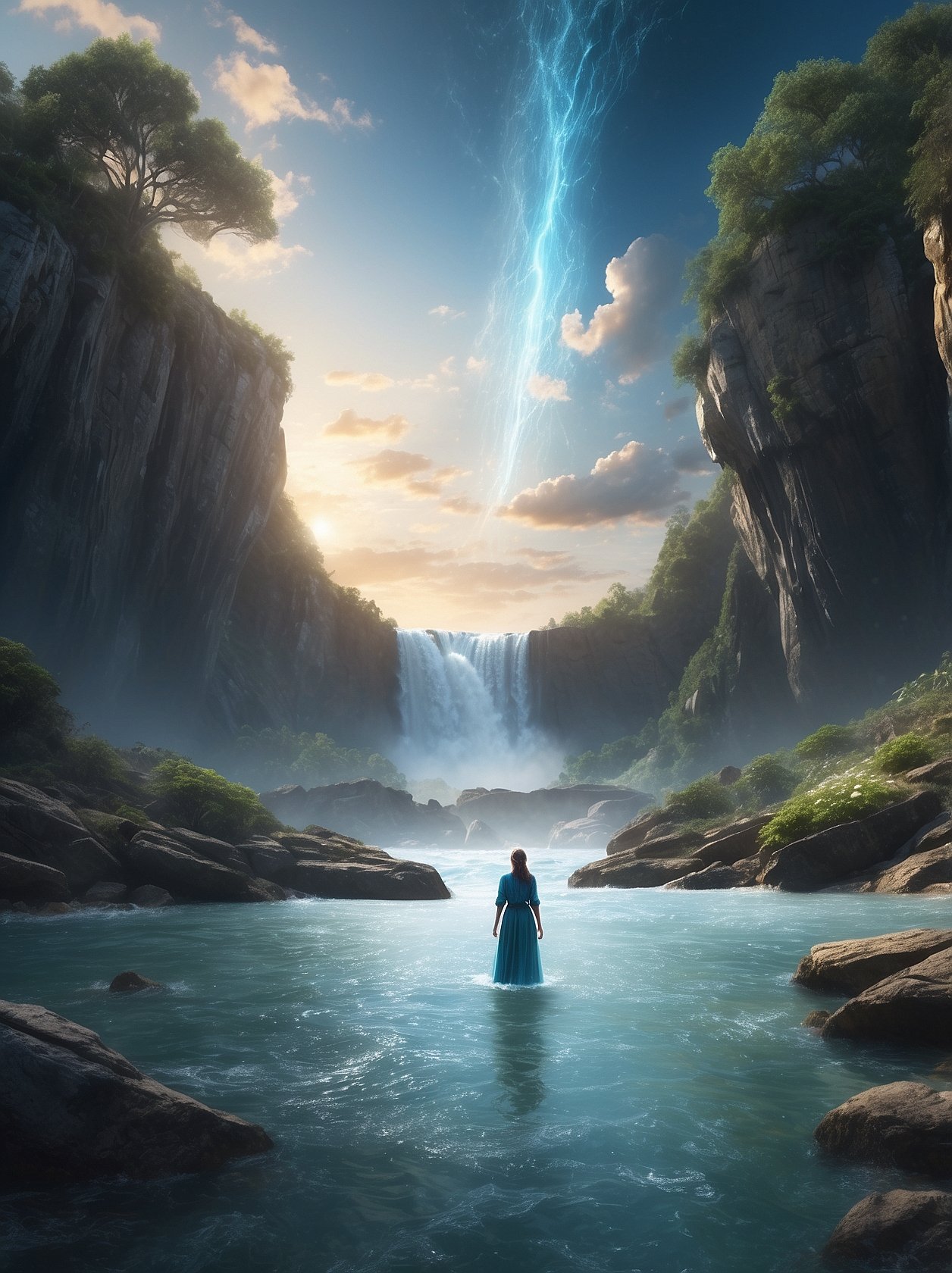 A woman sitting cross-legged on a rock by a river, meditating with mountains, trees, and a luminous circular portal in the sky, with a magical and serene atmosphere.