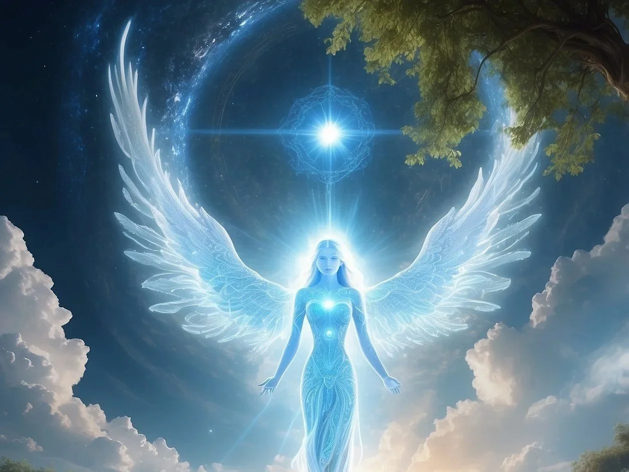 Angelic Healing of the Heart visually expressed by an Angel with large wings sitting by a river at sunset, surrounded by flowers and mountains in the background.