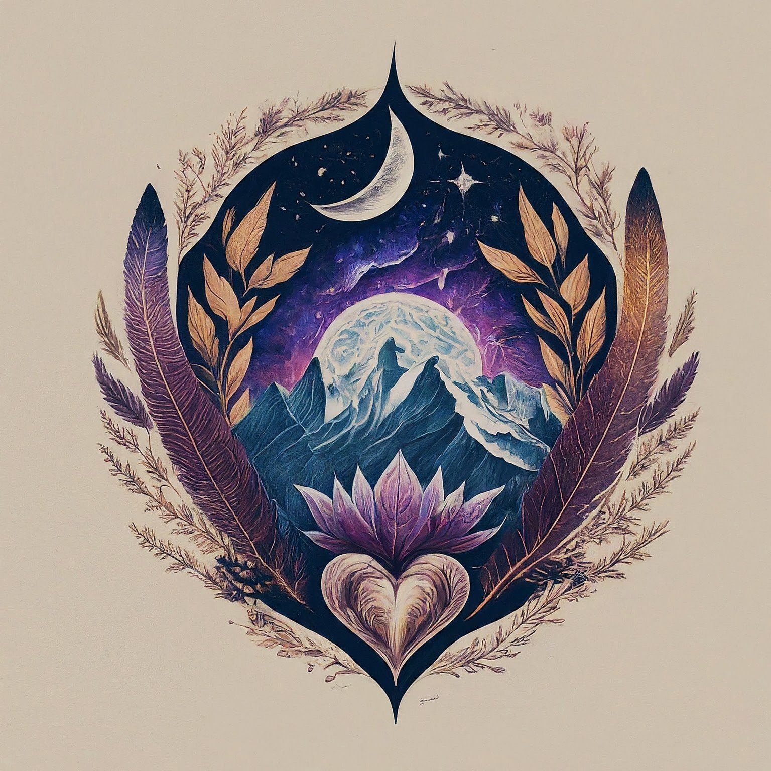 Artistic illustration featuring mountains, a full moon, a starry night sky with a crescent moon, surrounded by feathers, leaves, and a purple lotus flower.