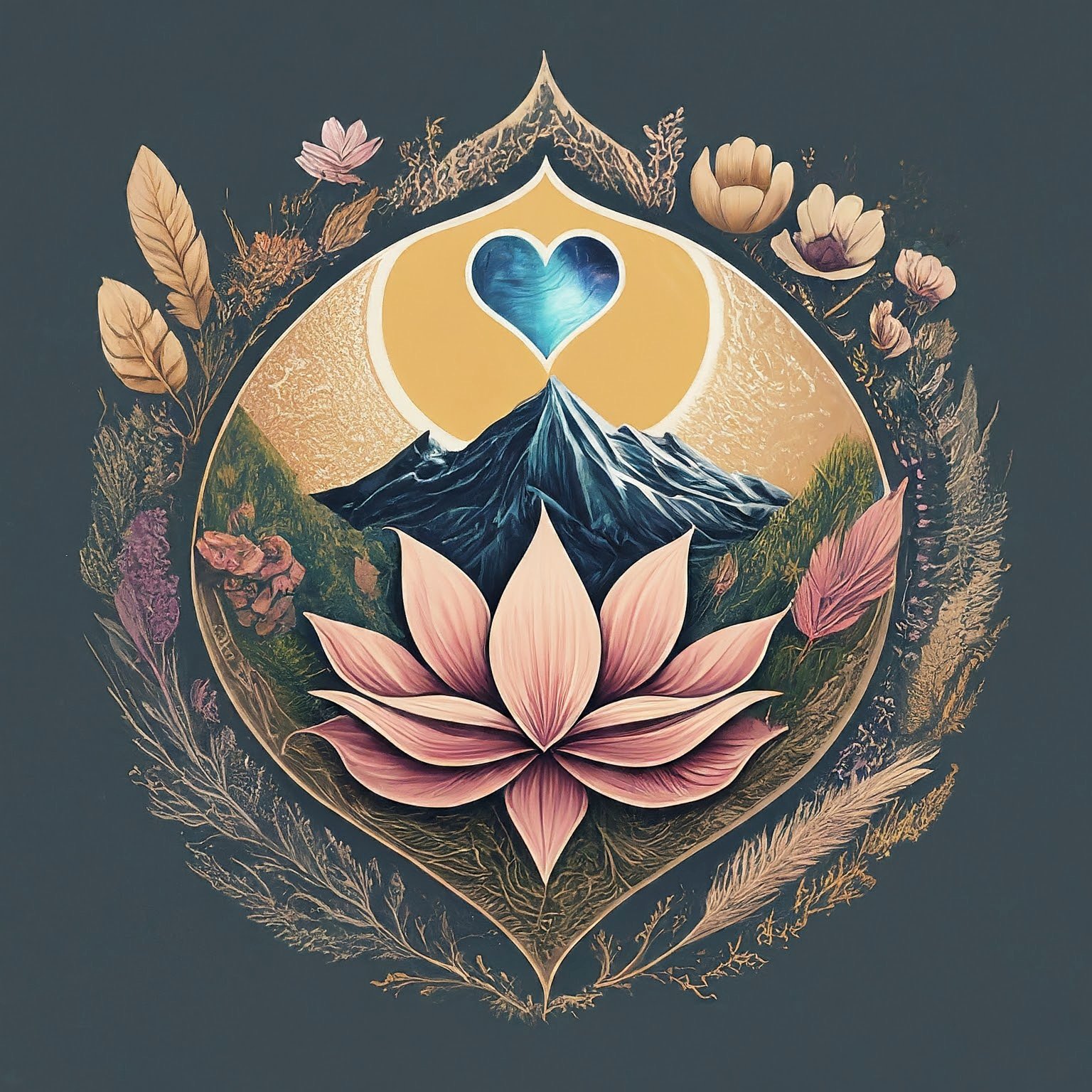 A nature-inspired artwork featuring a large pink lotus flower at the center, with mountains, a heart-shaped cloud above, surrounded by various flowers and leaves, all enclosed in a decorative, ornate frame.