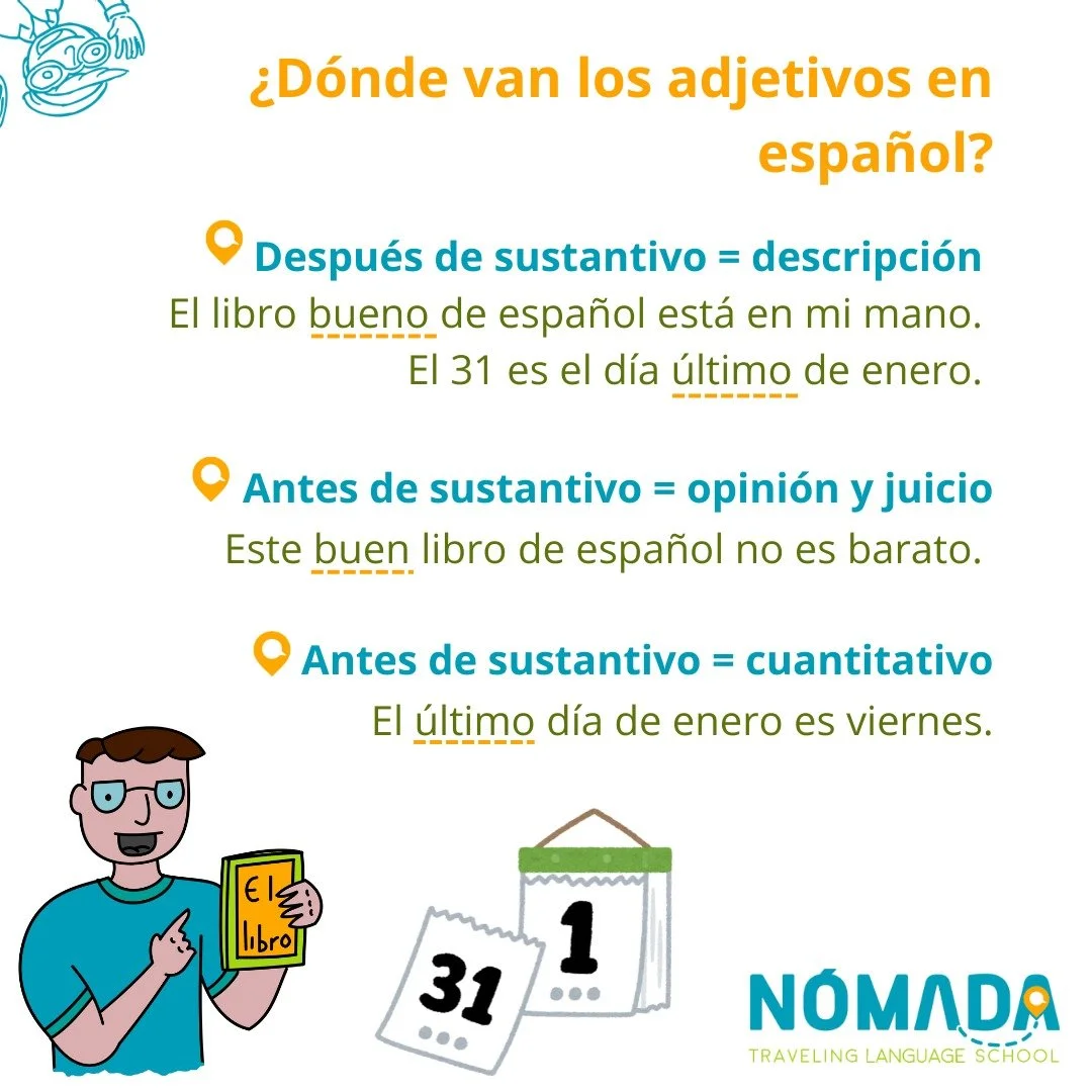 Ever wondered why adjectives in Spanish change locations? Well, it's actually not that hard.
After the noun = description
Before the noun = opinion, judgement or quantity

Ready to learn more? Schedule a trial class online: https://calendar.app.googl