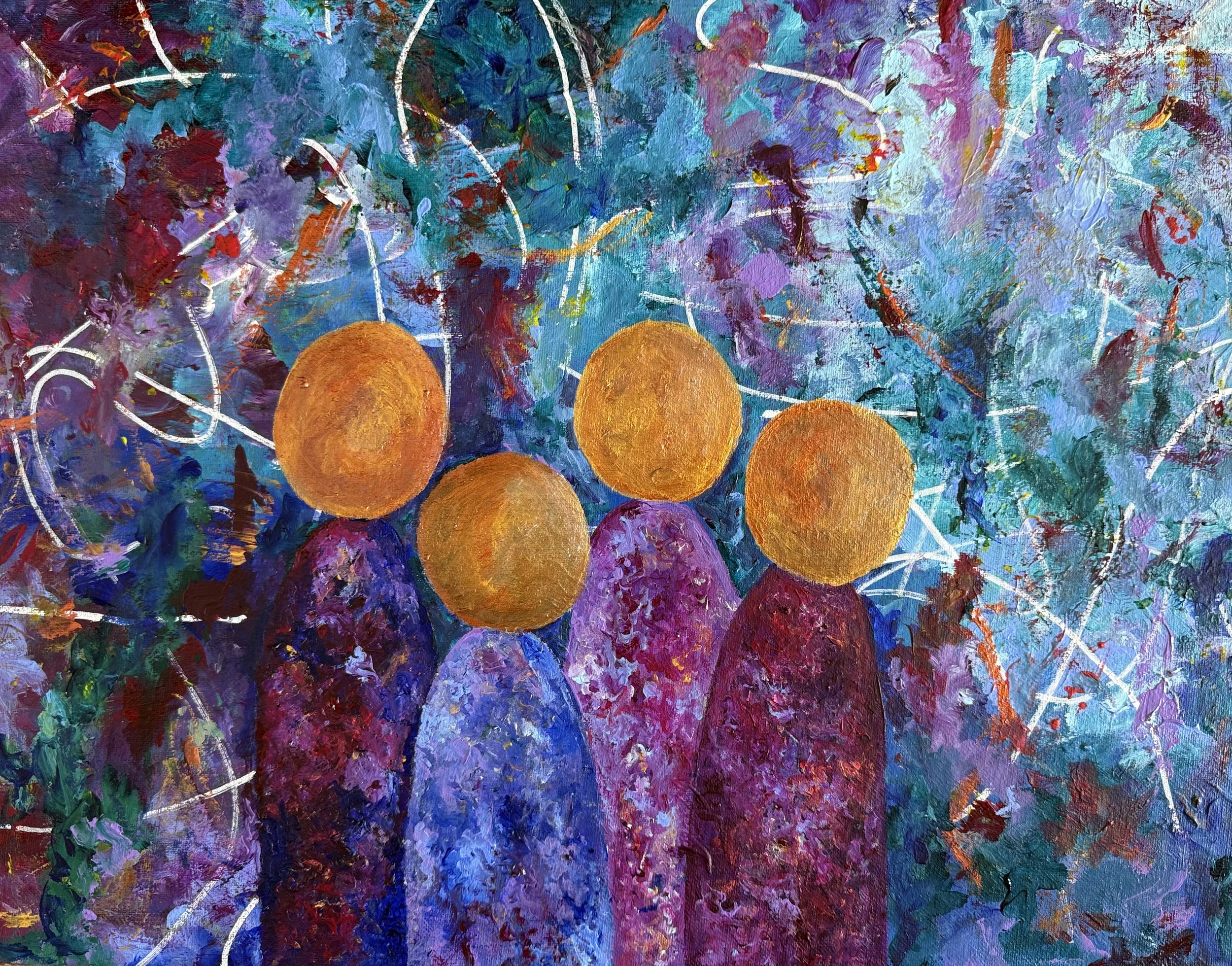 Abstract colorful painting with purple, blue, magenta, and green brushstrokes, featuring five figures in the foreground and white curved lines across the canvas.