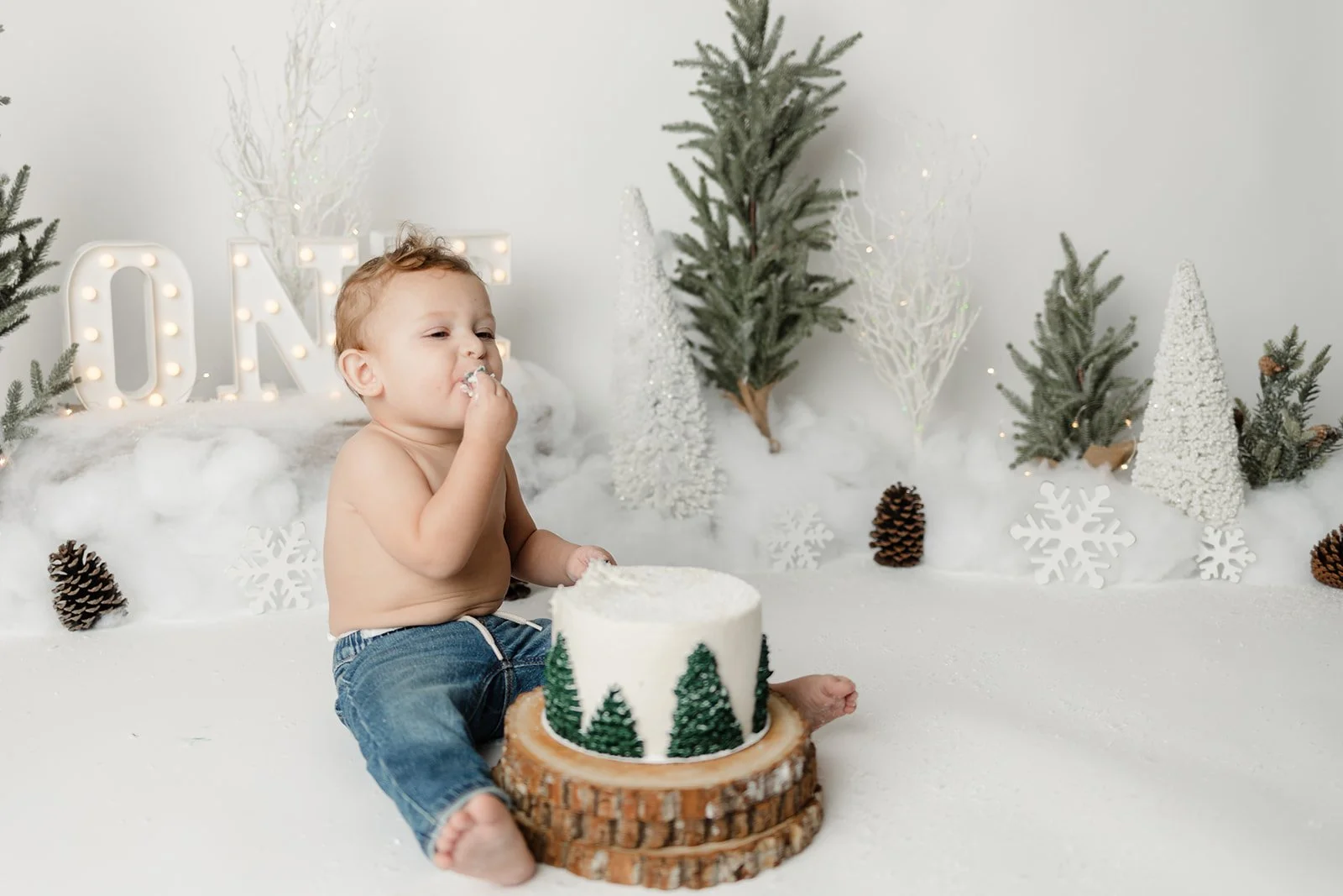 Baby celebrating first birthday with a cake in a winter-themed setting, decorated with miniature Christmas trees, pine cones, and snowflakes.