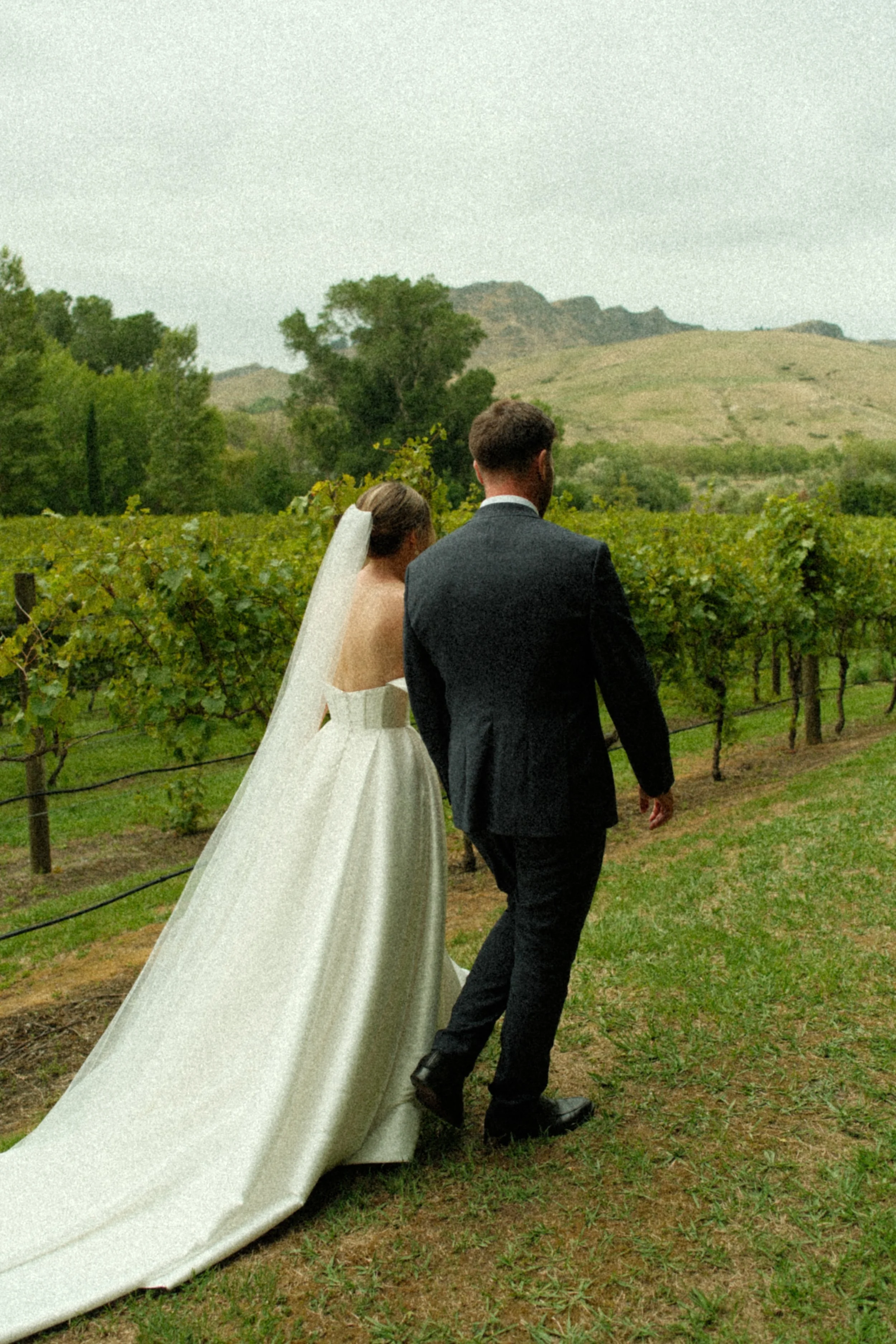 A bride and groom walking through a vineyard with green vines and rolling hills in the background.