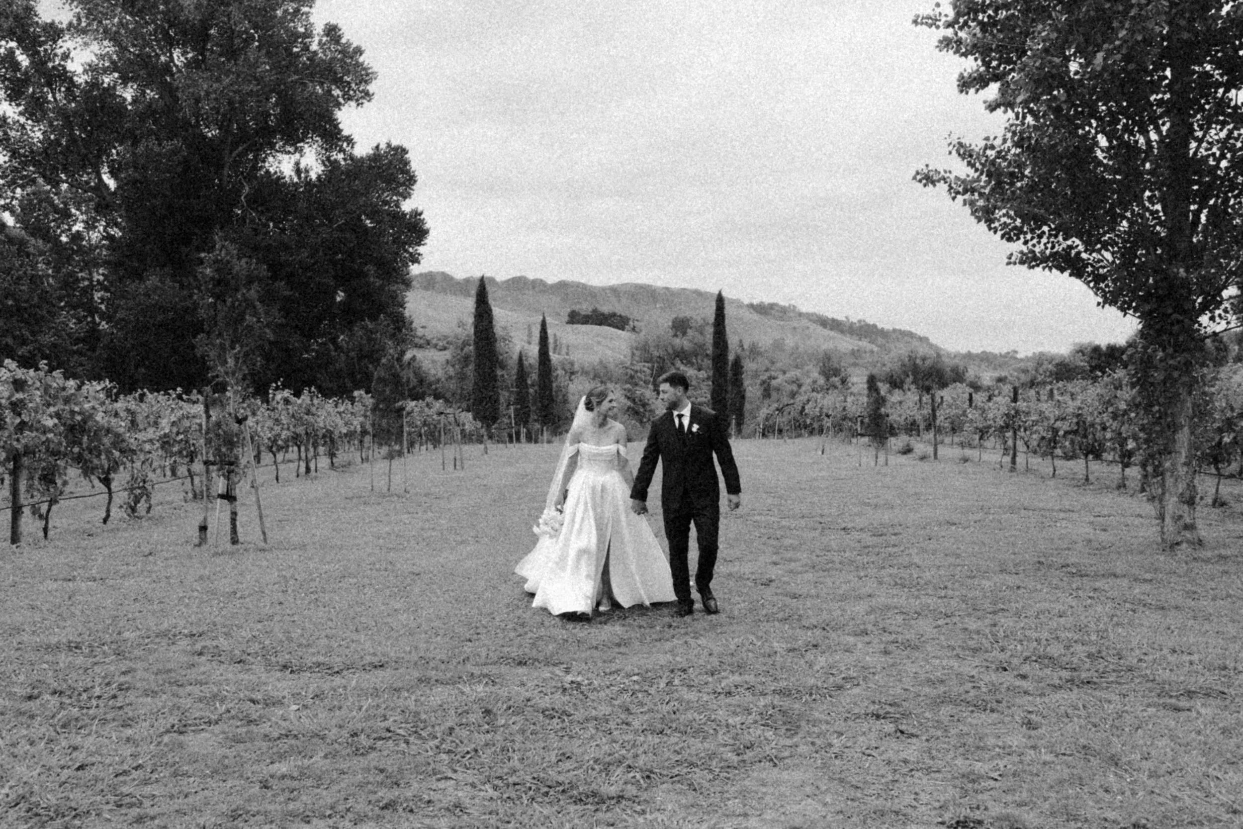 Black and white photo of a bride and groom walking hand in hand through a vineyard, with hills and trees in the background.