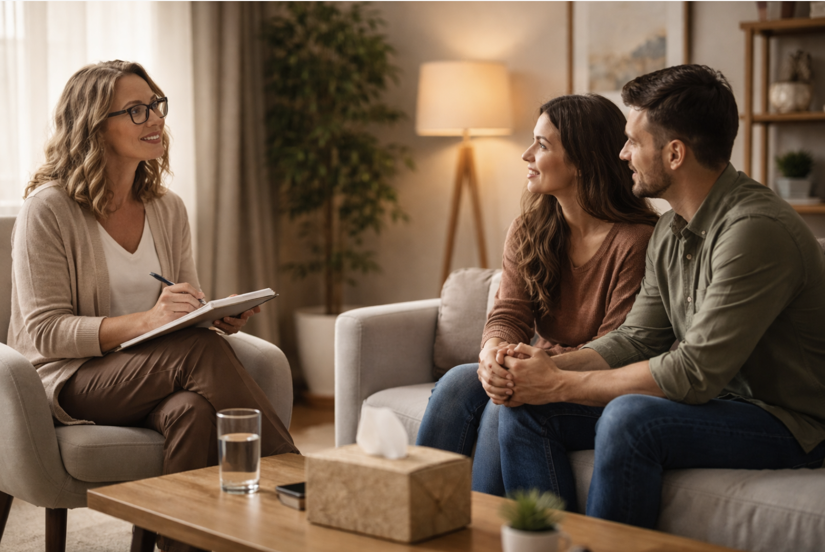 Couple in therapy discussing love languages and trauma to build emotional safety in New Jersey