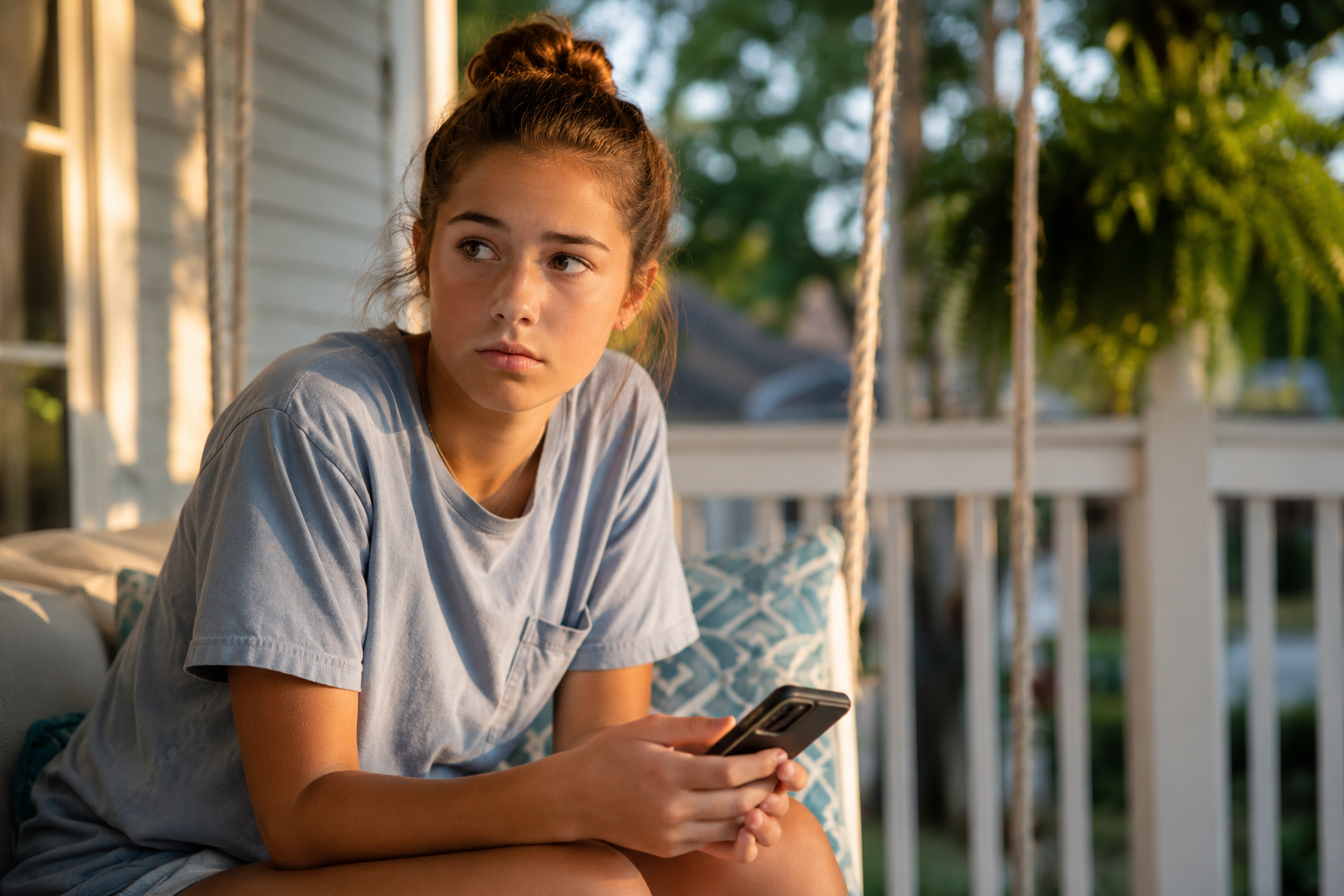 Teen girl looking anxious during summer break in Essex county, NJ, illustrating summer anxiety in teens