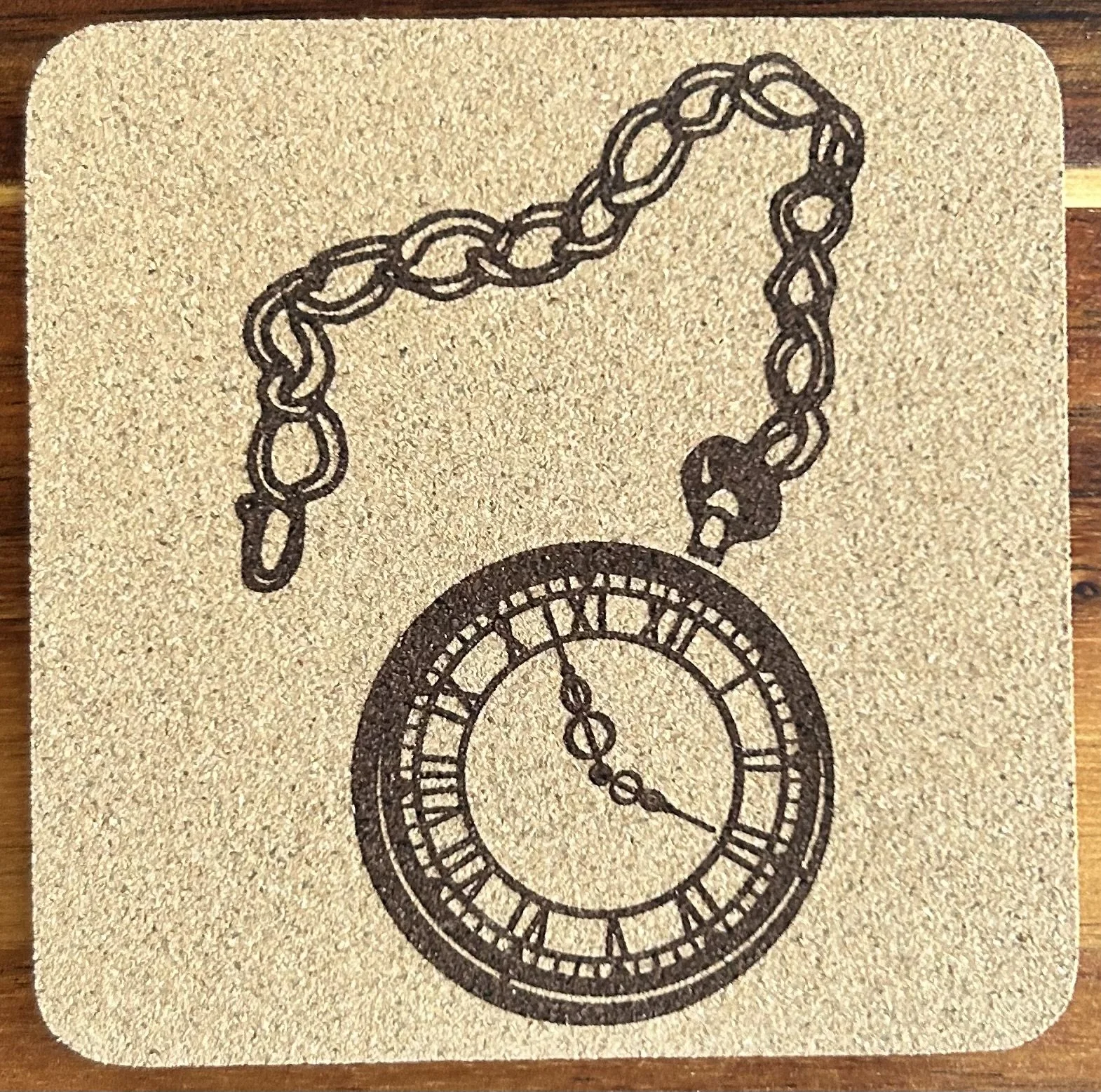 Pocket Watch Natural Cork Coaster – 4” Square, 0.23” Thick