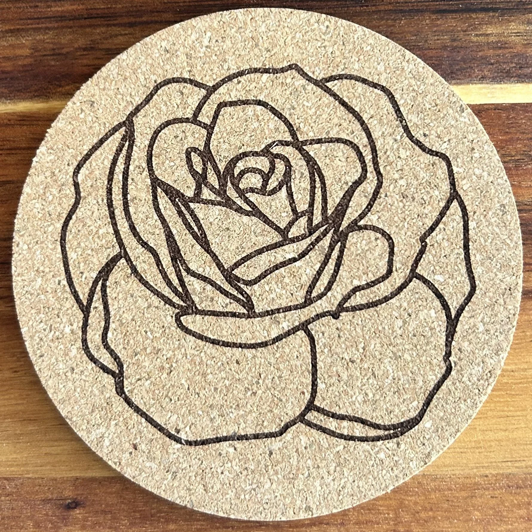 Rose Bloom Natural Cork Coaster – 4” Round, 0.23” Thick