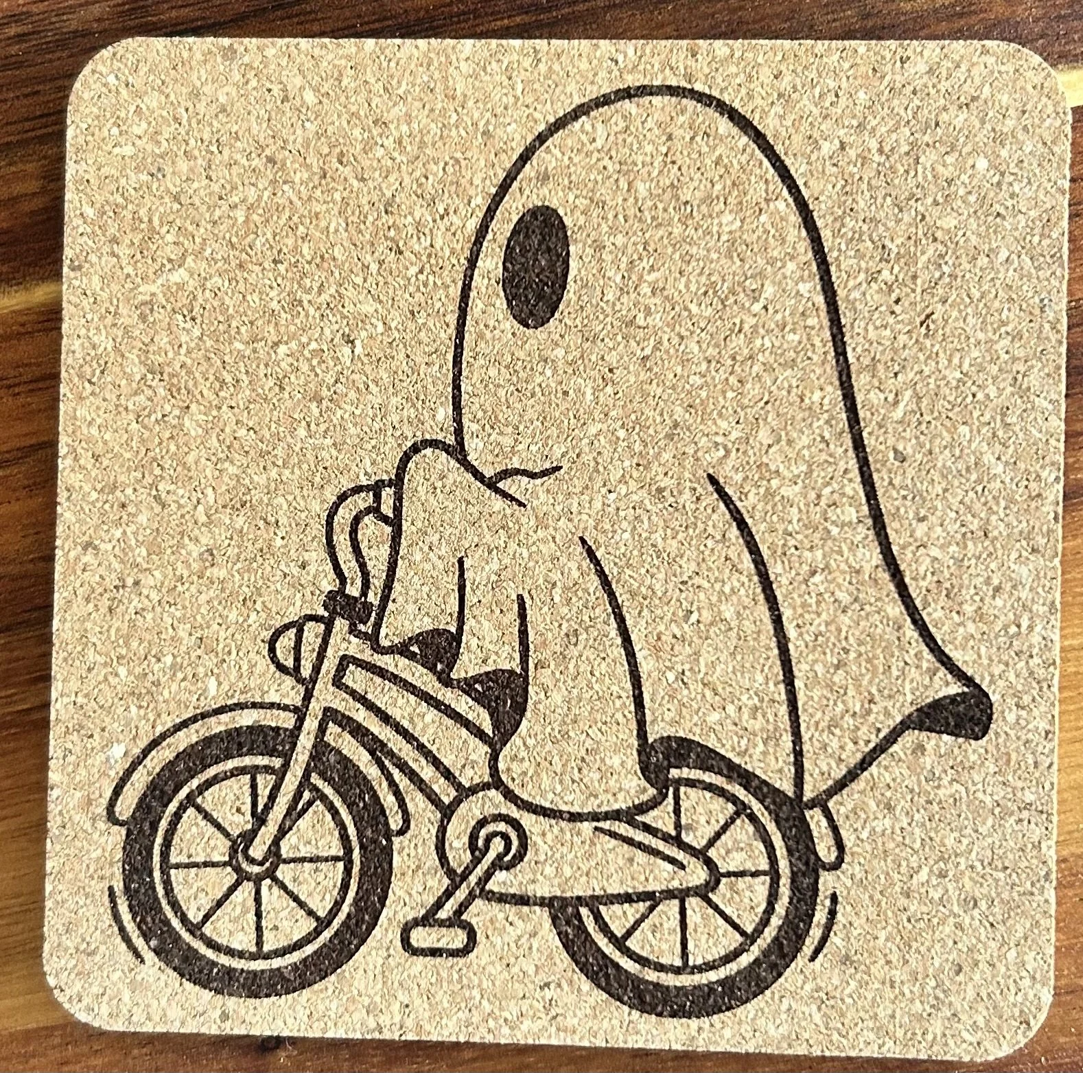Biking Ghost Natural Cork Coaster – 4” Square, 0.23” Thick