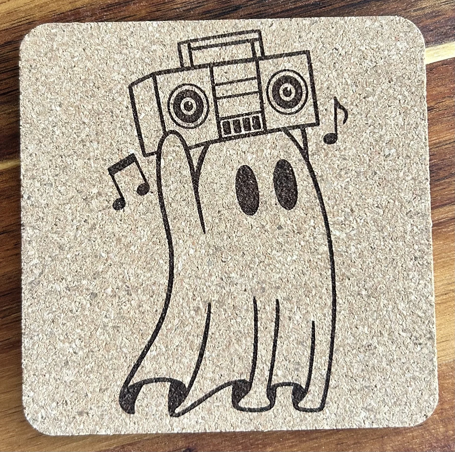 Boombox Ghost Natural Cork Coaster – 4” Square, 0.23” Thick