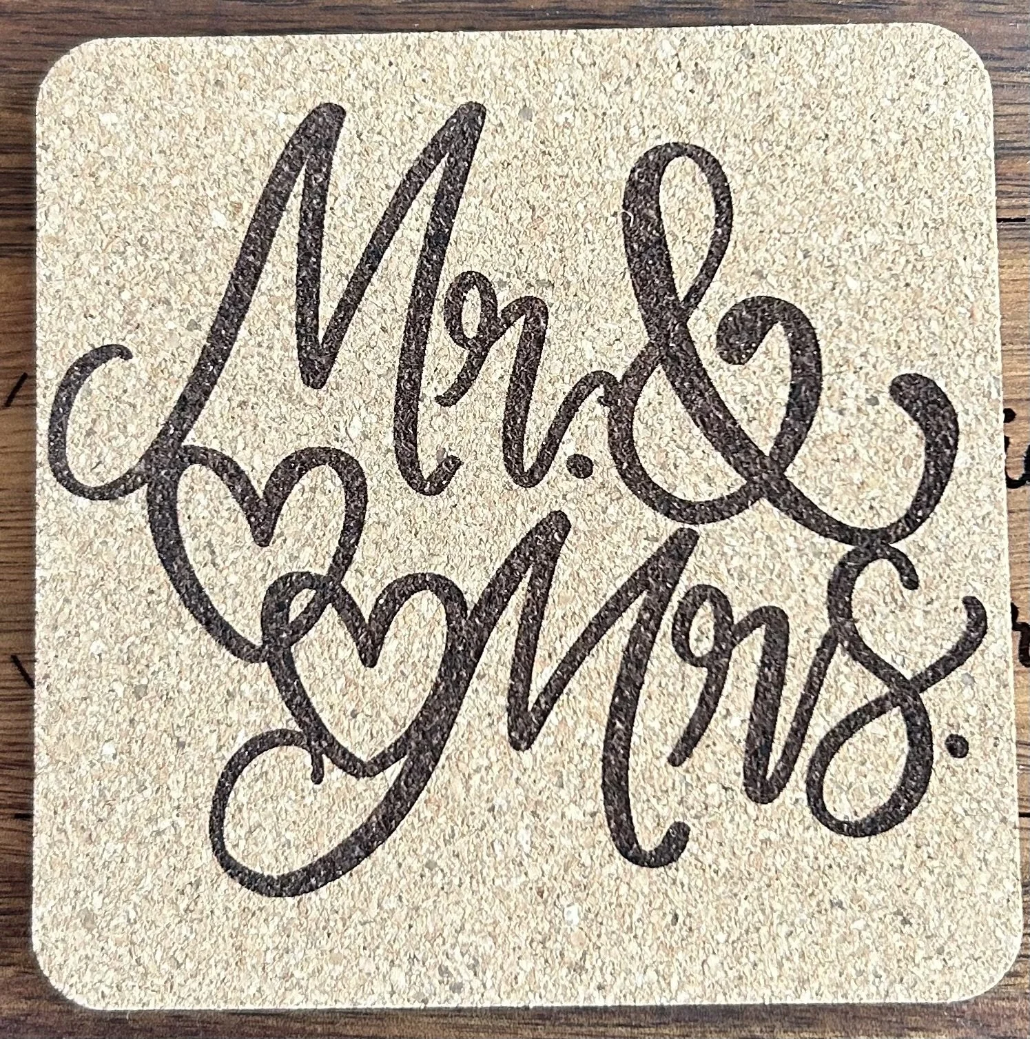 Mr. & Mrs. Script Hearts Natural Cork Coaster – 4” Square, 0.23” Thick