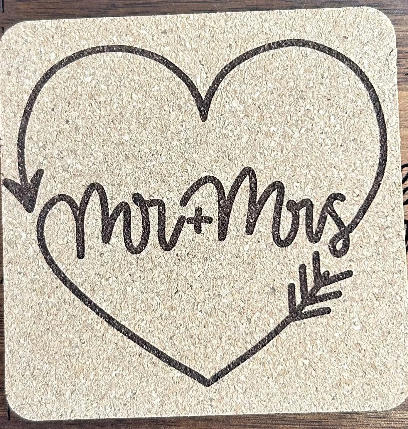 Mr + Mrs Heart Natural Cork Coaster – 4” Square, 0.23” Thick