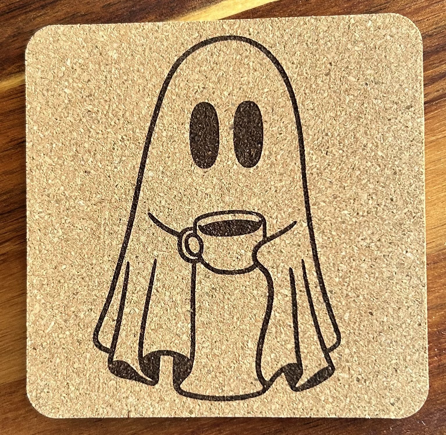 Coffee Ghost Natural Cork Coaster – 4” Square, 0.23” Thick