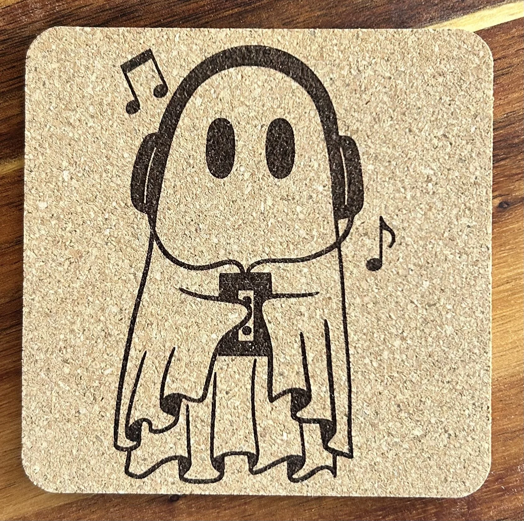 Headphone Ghost Natural Cork Coaster – 4” Square, 0.23” Thick