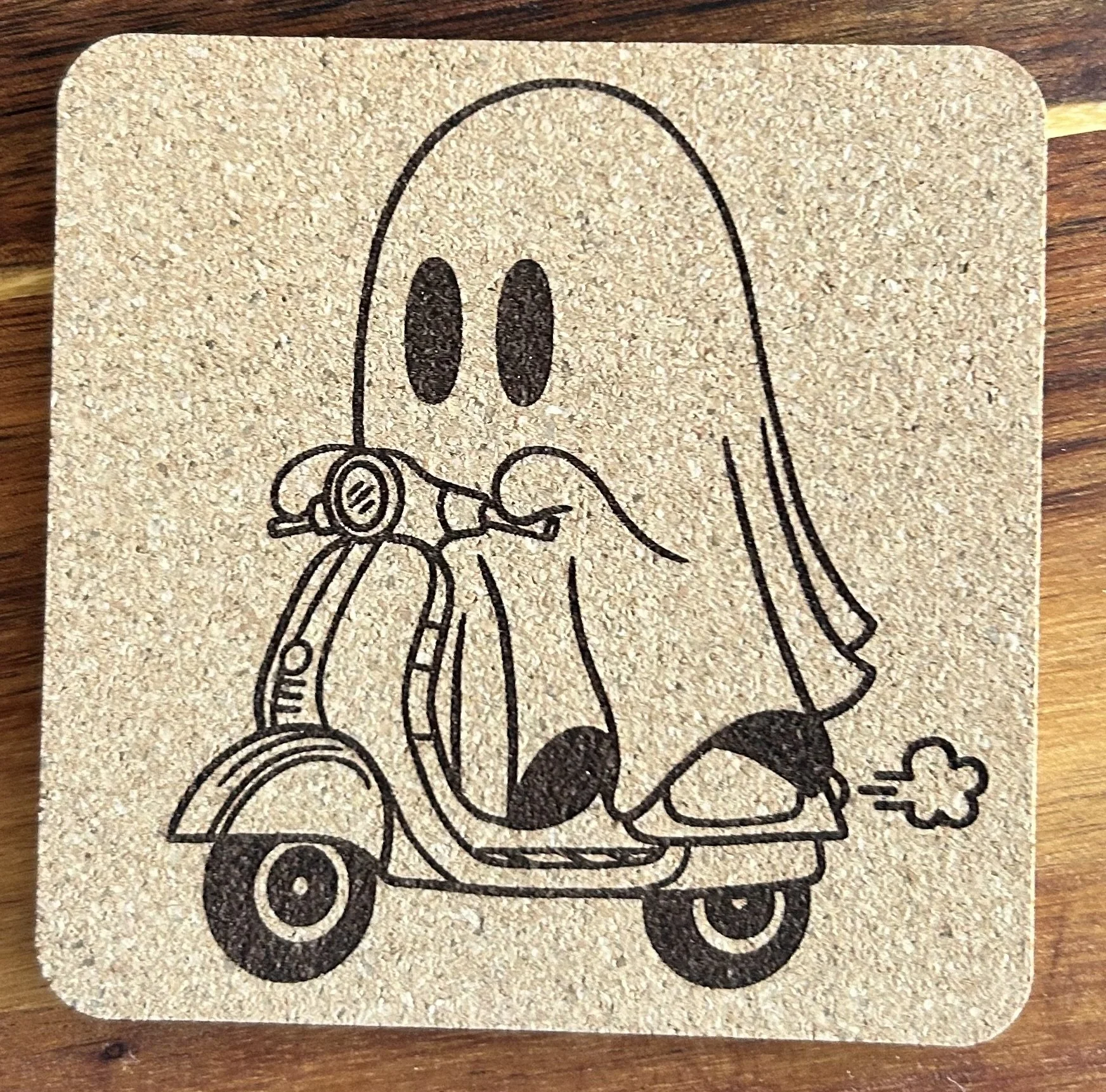 Scooter Ghost Natural Cork Coaster – 4” Square, 0.23” Thick