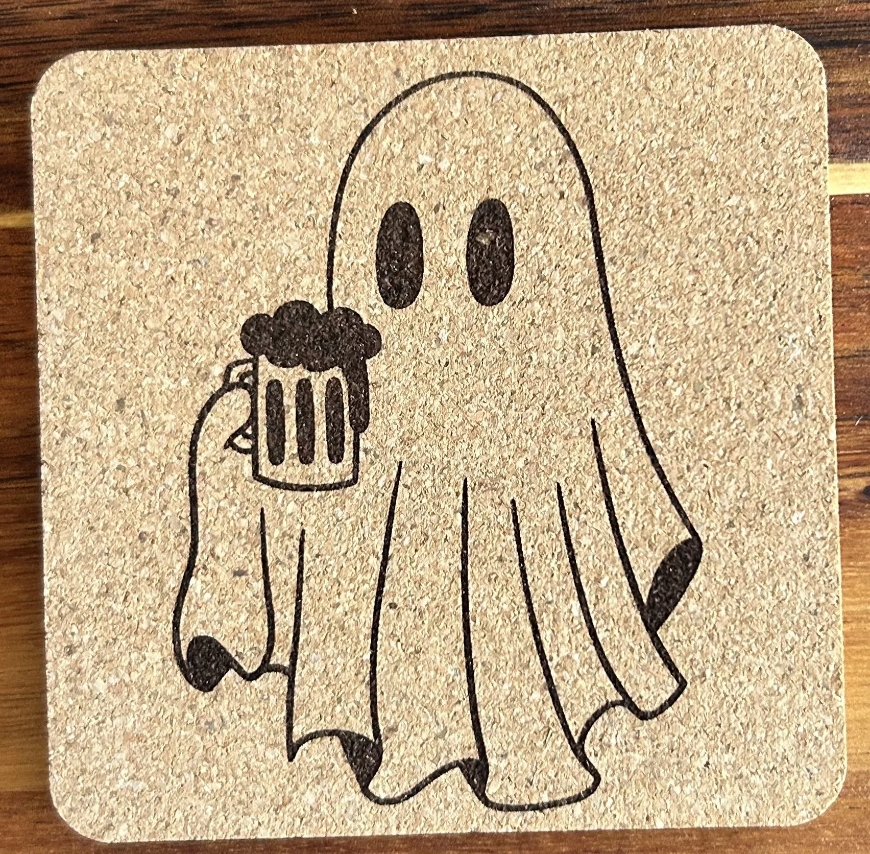 Cheers Ghost Natural Cork Coaster – 4” Square, 0.23” Thick