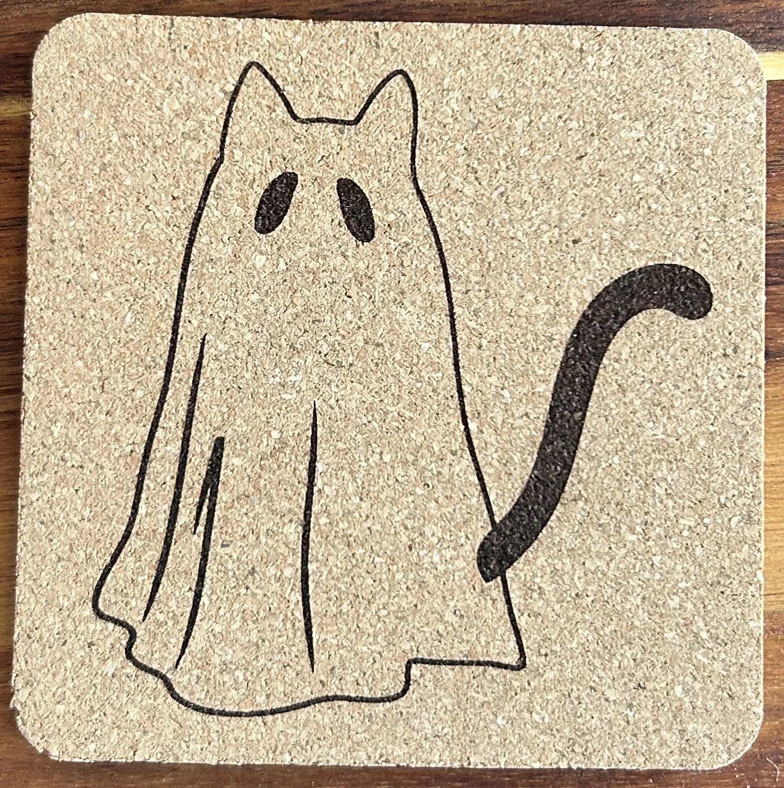 Ghost Cat Natural Cork Coaster – 4” Square, 0.23” Thick