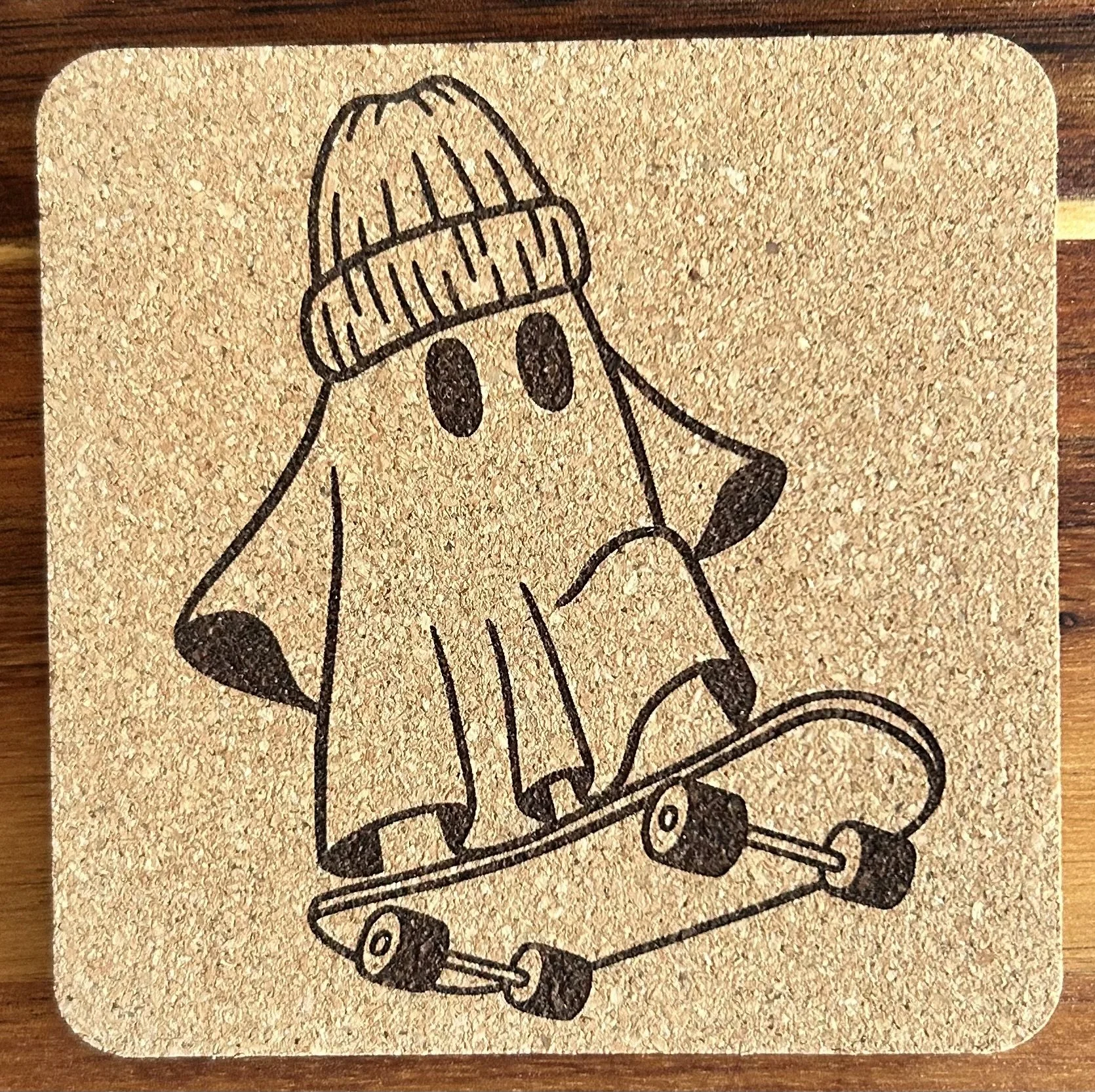 Skater Ghost Natural Cork Coaster – 4” Square, 0.23” Thick