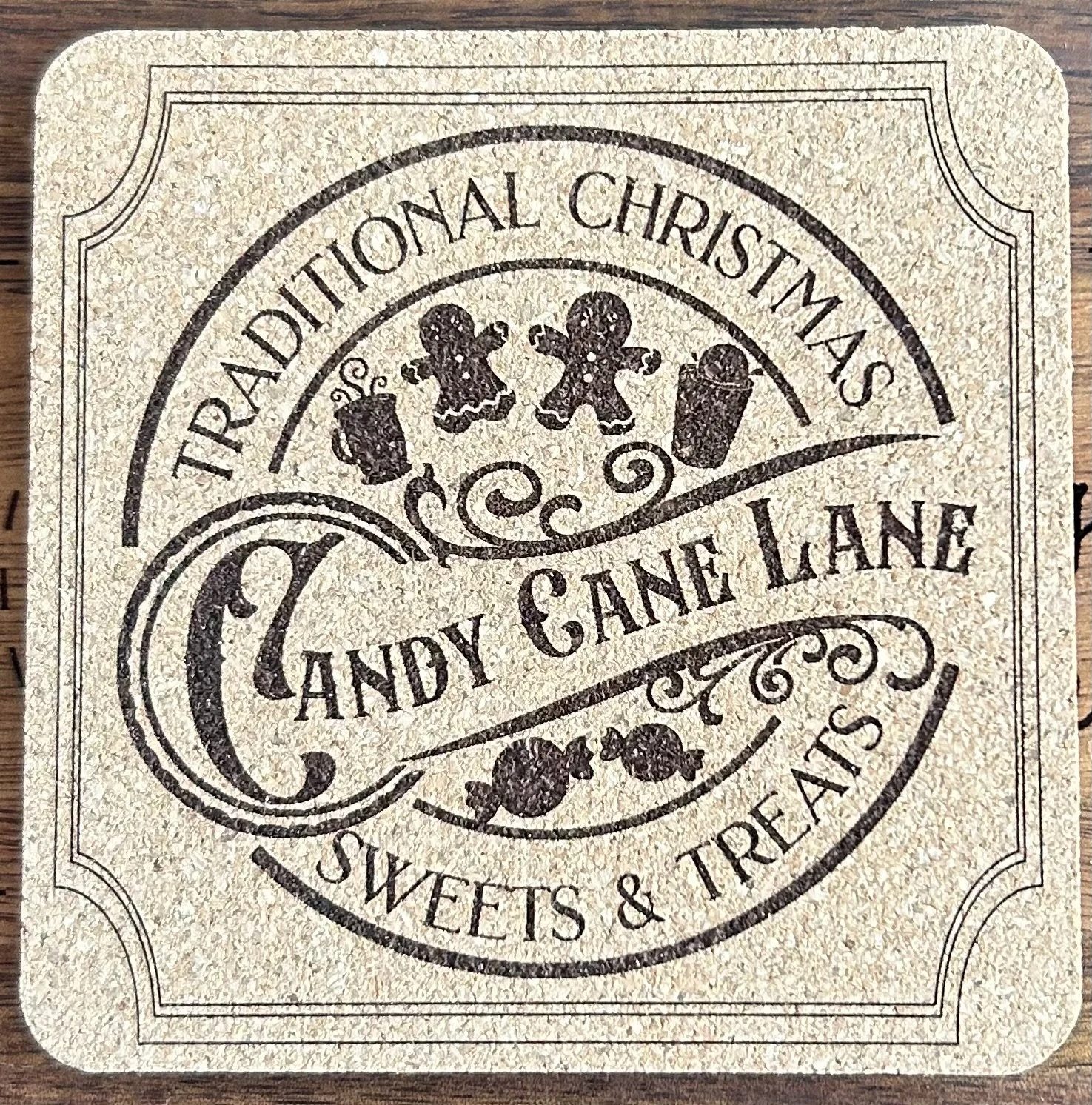 Candy Cane Lane Christmas Natural Cork Coaster – 4” Square, 0.23” Thick