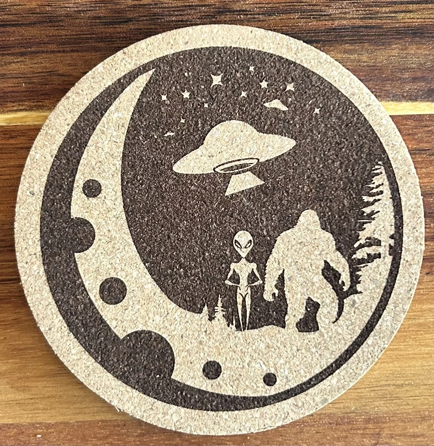 Alien & Bigfoot Moon Scene Natural Cork Coaster – 4” Round, 0.23” Thick