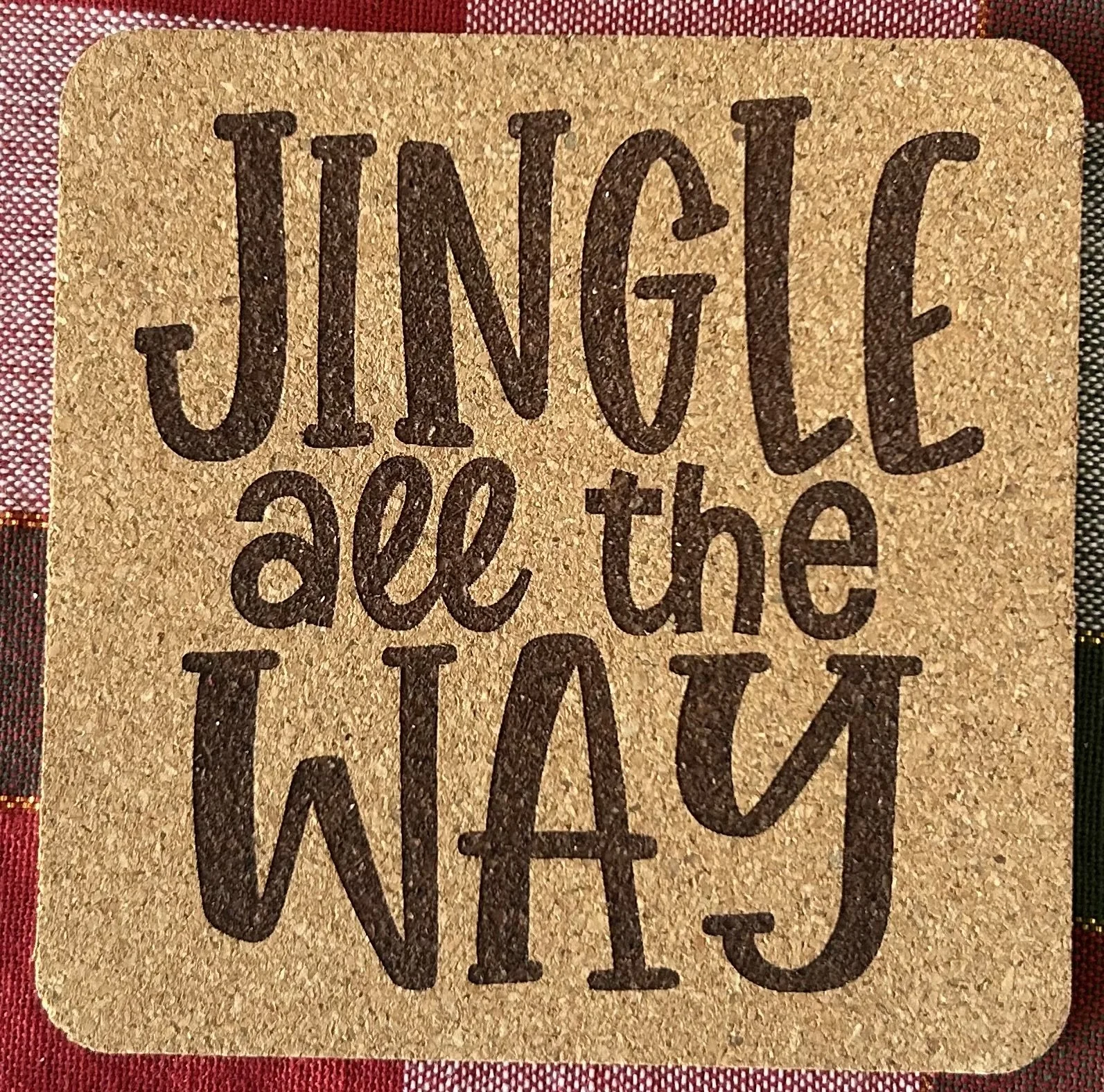 Jingle All the Way Natural Cork Coaster – 4” Round, 0.23” Thick