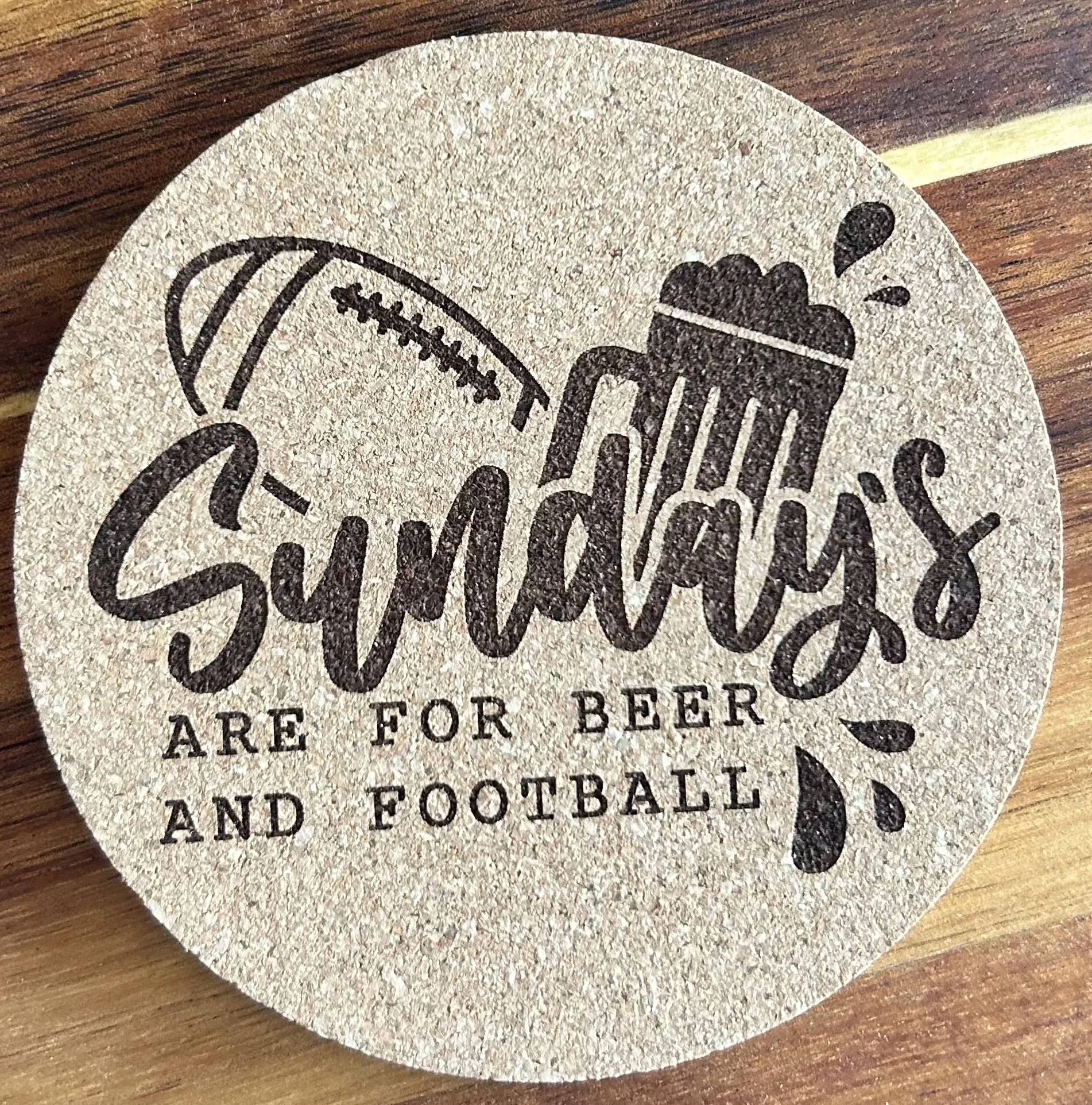 Sundays Are for Beer & Football Natural Cork Coaster – 4” Round, 0.23” Thick