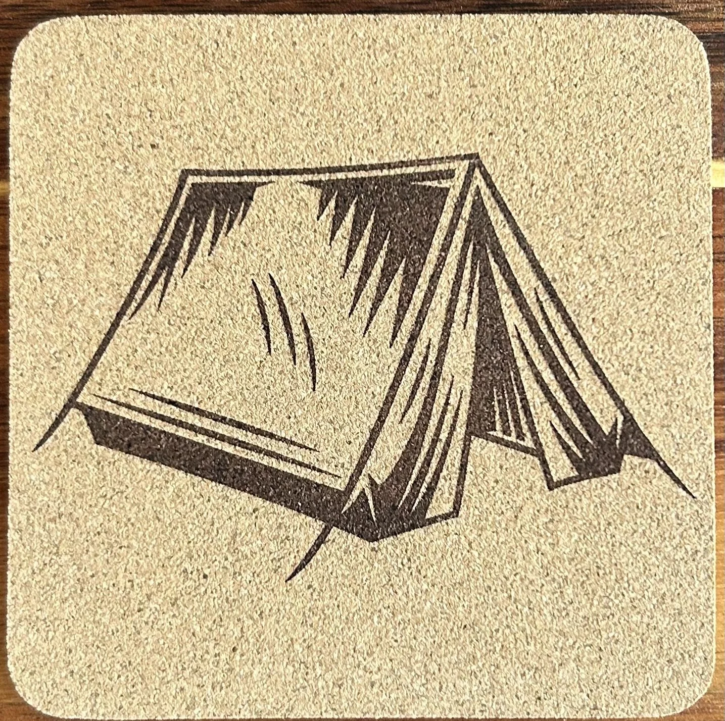 Camping Tent Natural Cork Coaster – 4” Square, 0.23” Thick