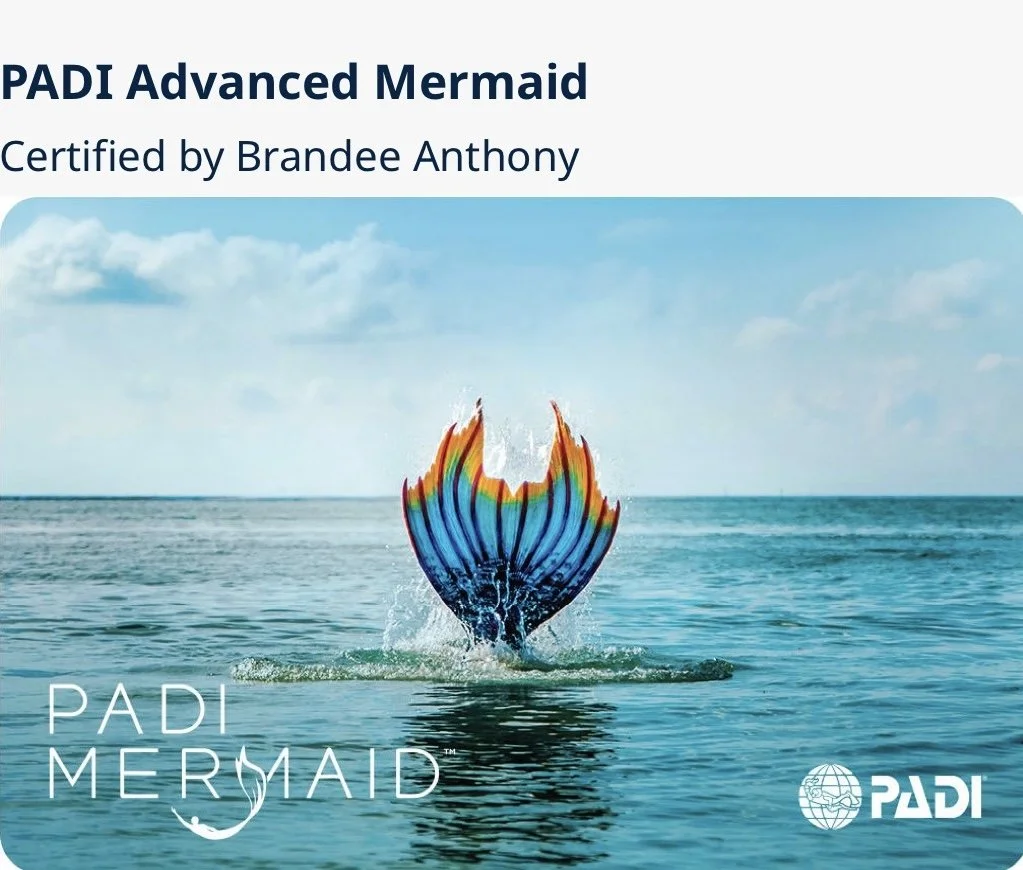 Image of a training certification titled "PADI Advanced Mermaid" with a rainbow-colored mermaid tail flipping out of the water in an ocean setting, and the PADI logo in the bottom right corner.