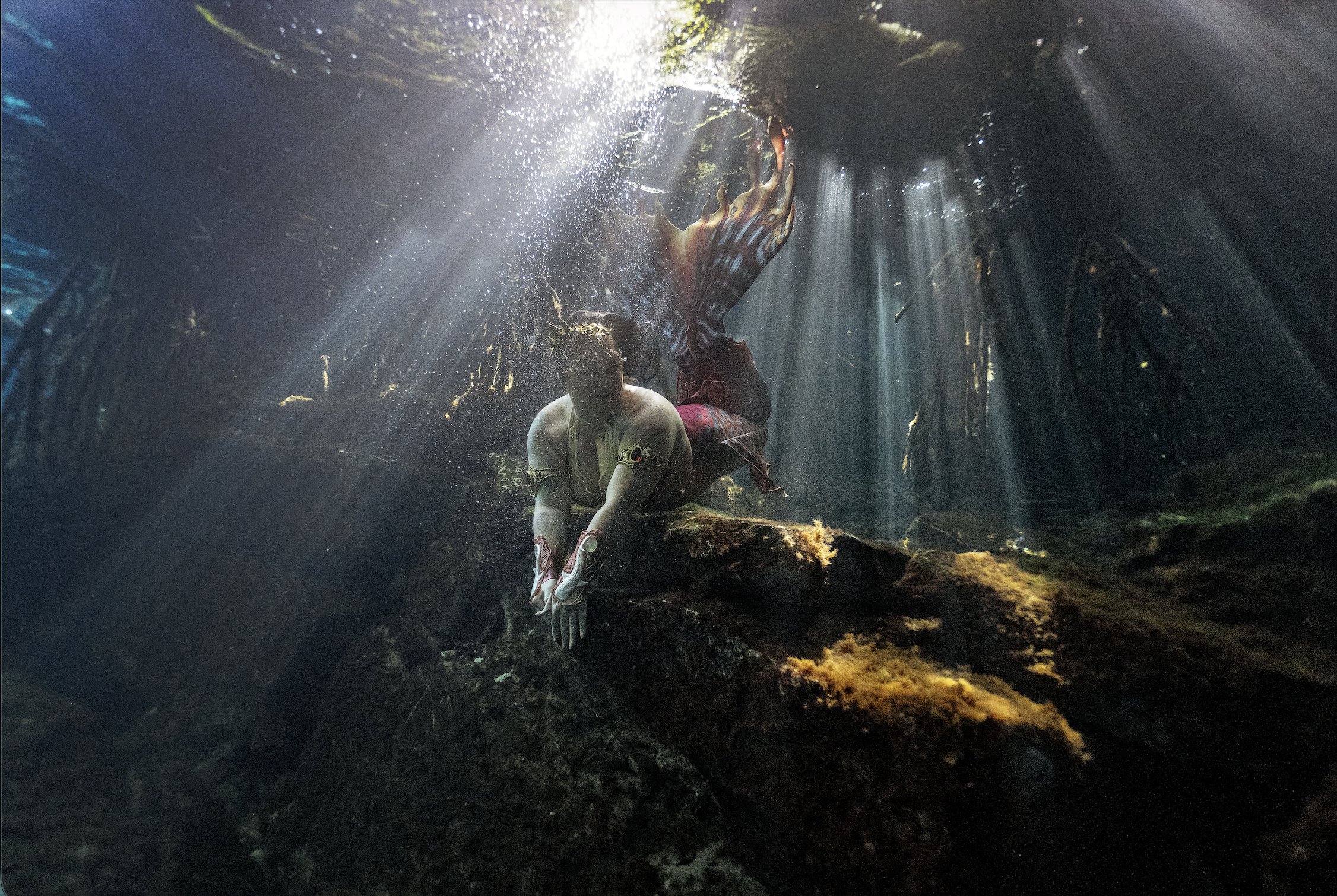 Mermaid swimming in rays of sunlight